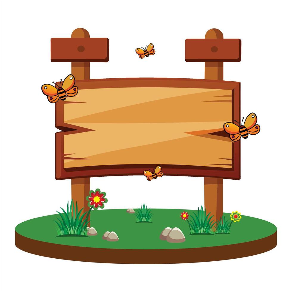 Wooden sign in a grass with butterflies isolated on white background vector