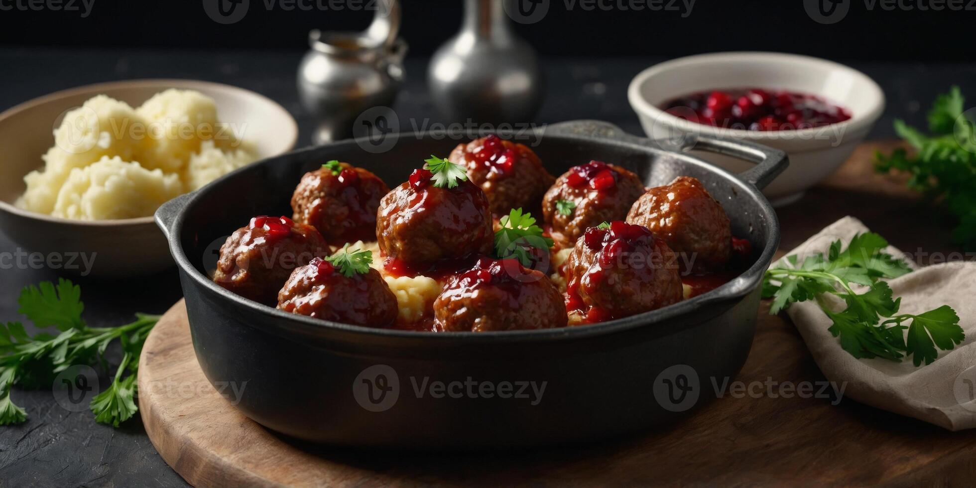 Swedish food Kottbullar meatballs, served in a pan with mashed potatoes, parsley and cranberry sauce. photo