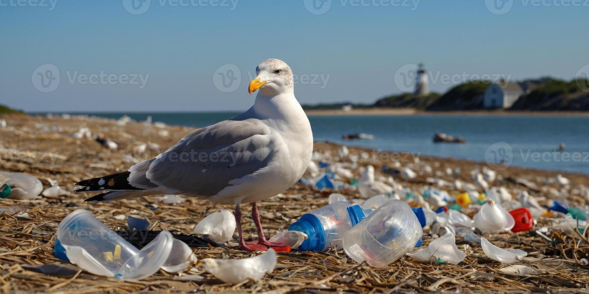 Seagull with Plastics at Chatham, Cape Cod. photo