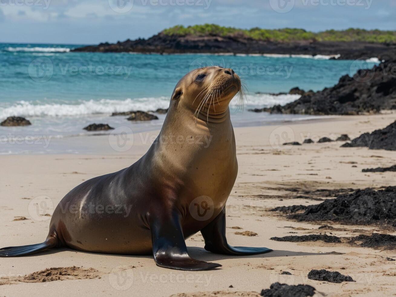 Sea Lions have a conversation on the beach in the Galapagos Islands, Ecuador. photo