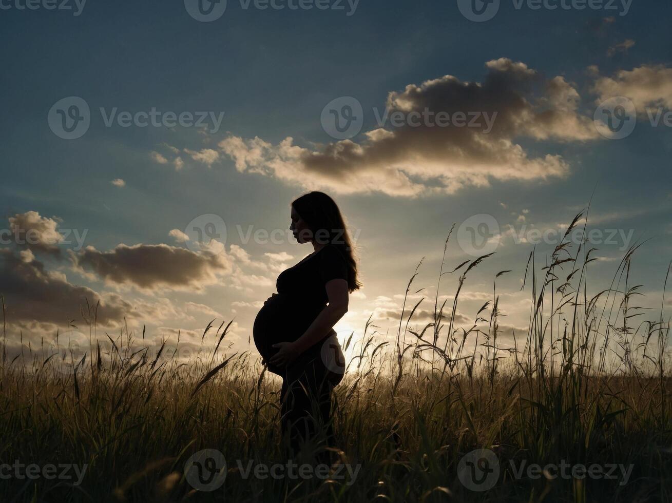 Silhouette of a pregnant lady standing with her partner in a field of long grass. photo