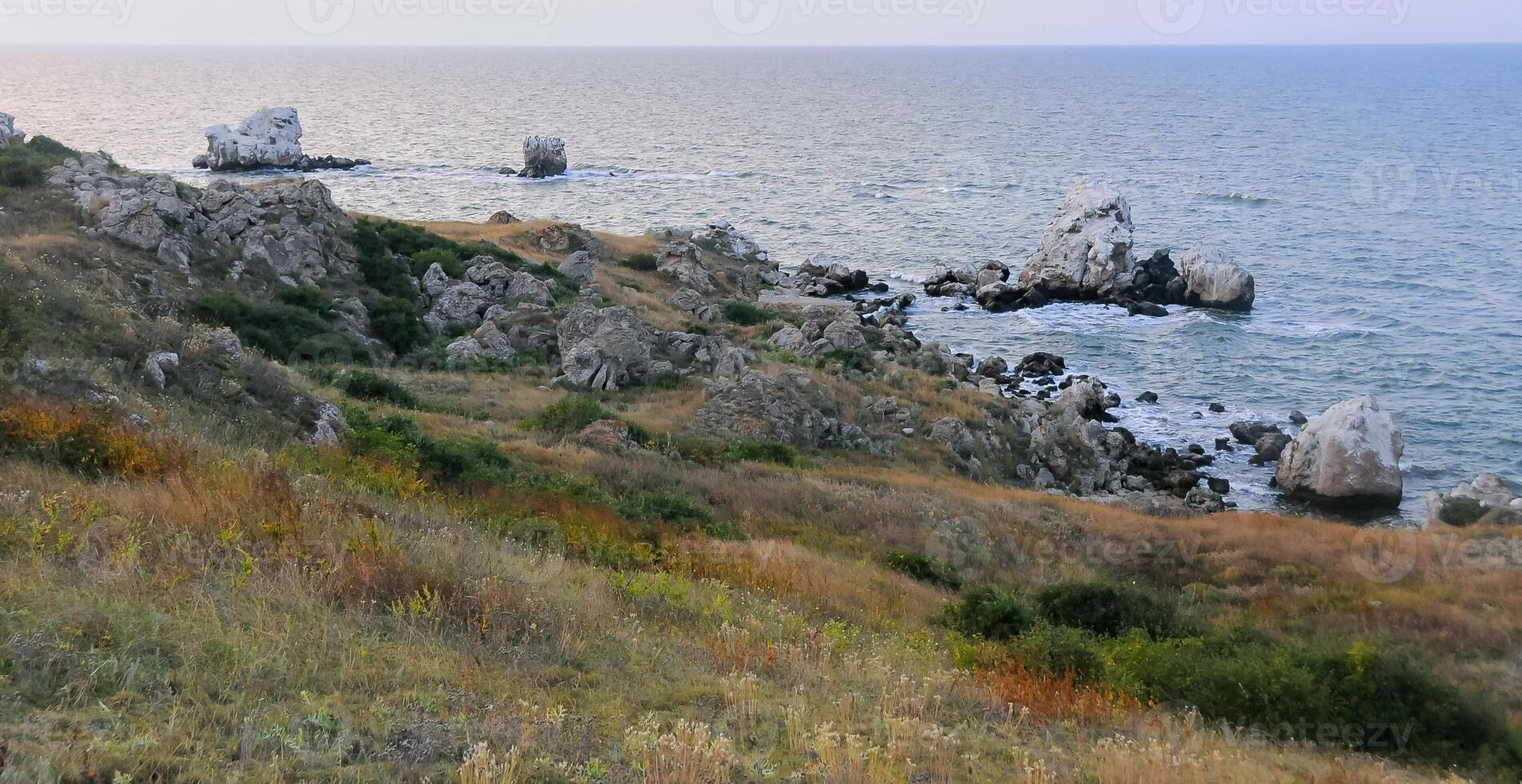 The steep stone coast of the Black Sea from Pontic limestones at Kazantip, Eastern Crimea photo