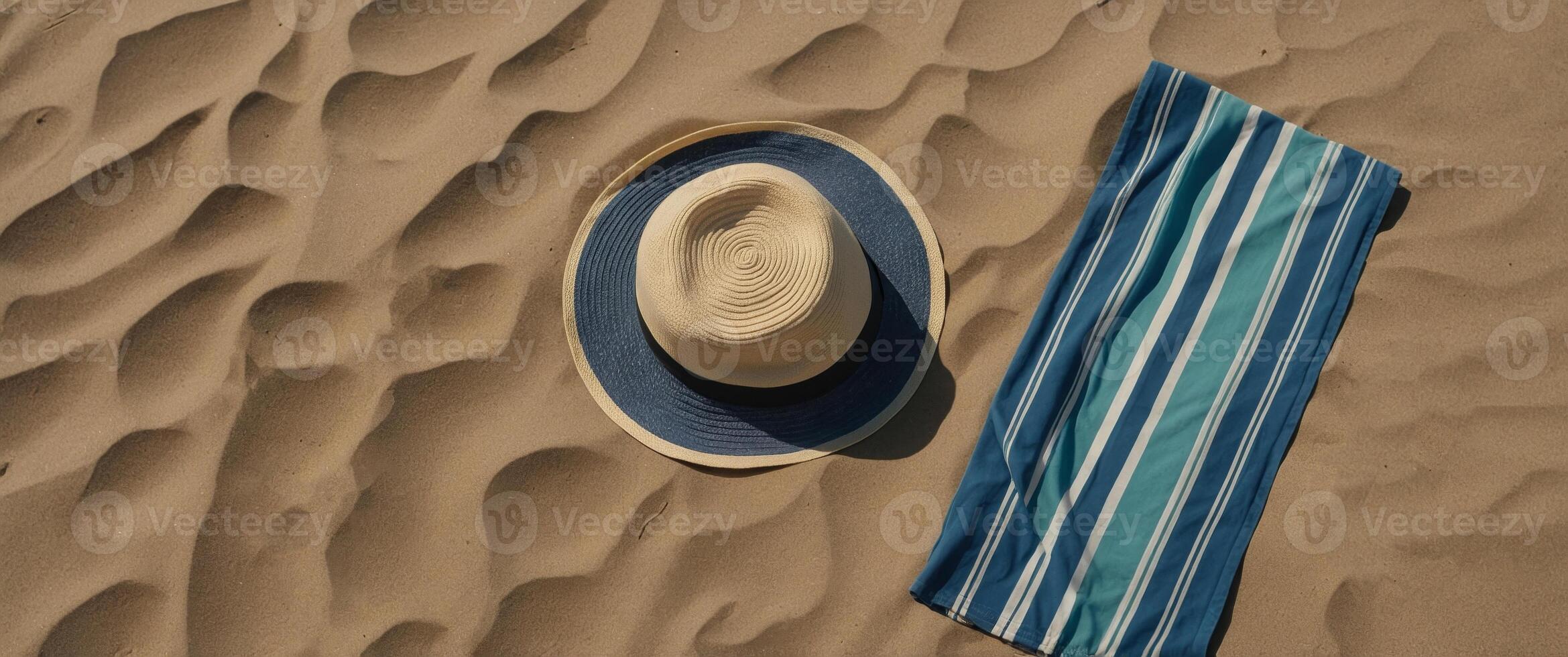 Top view beach towel and hat on sand beach, flat lay Summer holiday vacation concept. photo