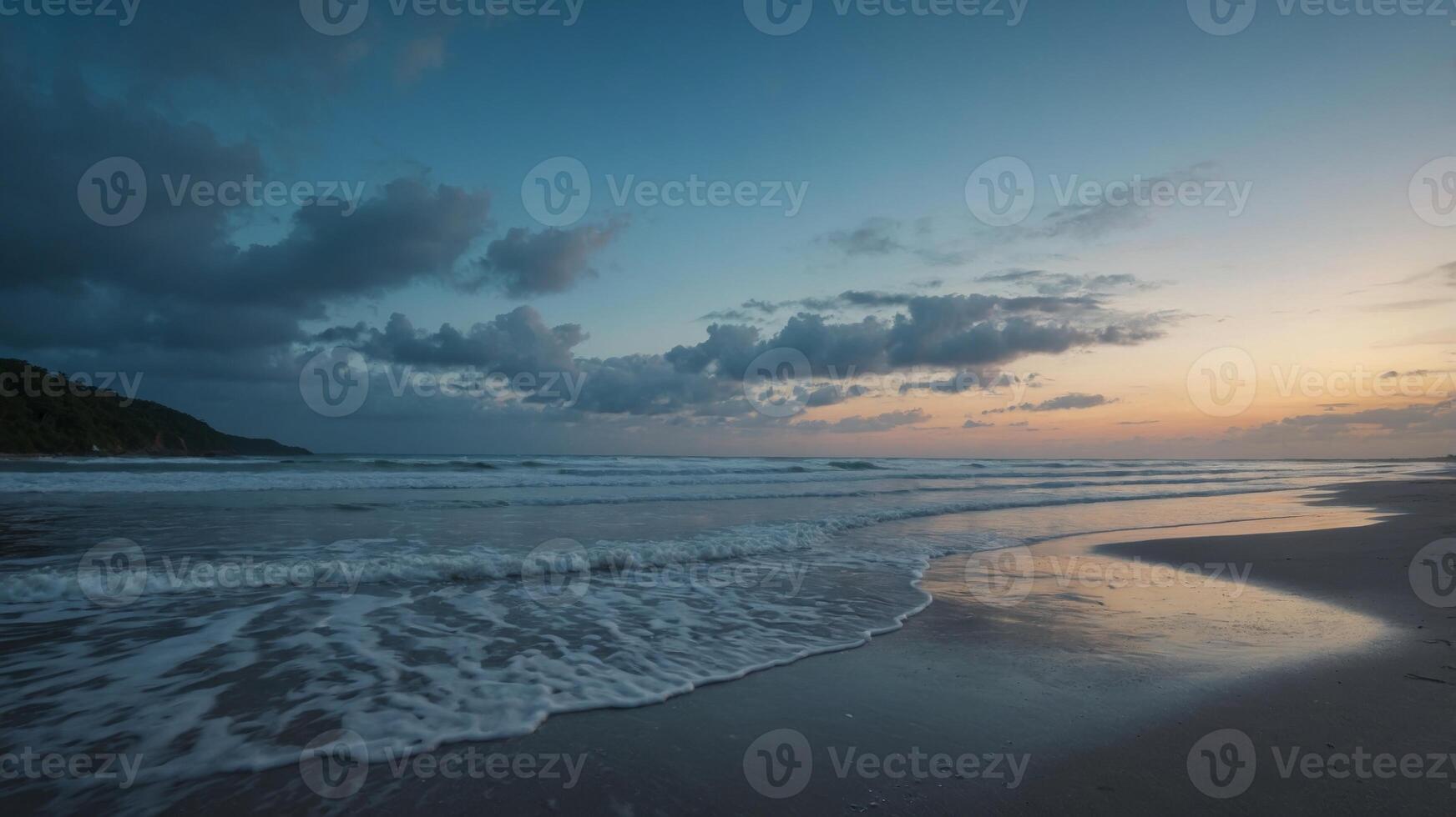 The serene early morning on a beach, with long exposure capturing the gradual color change in the sky and the peaceful ocean waves. photo