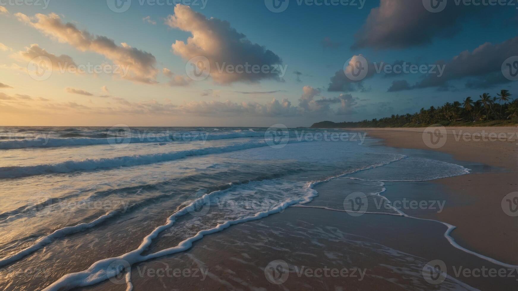 The serene early morning on a beach, with long exposure capturing the gradual color change in the sky and the peaceful ocean waves. photo