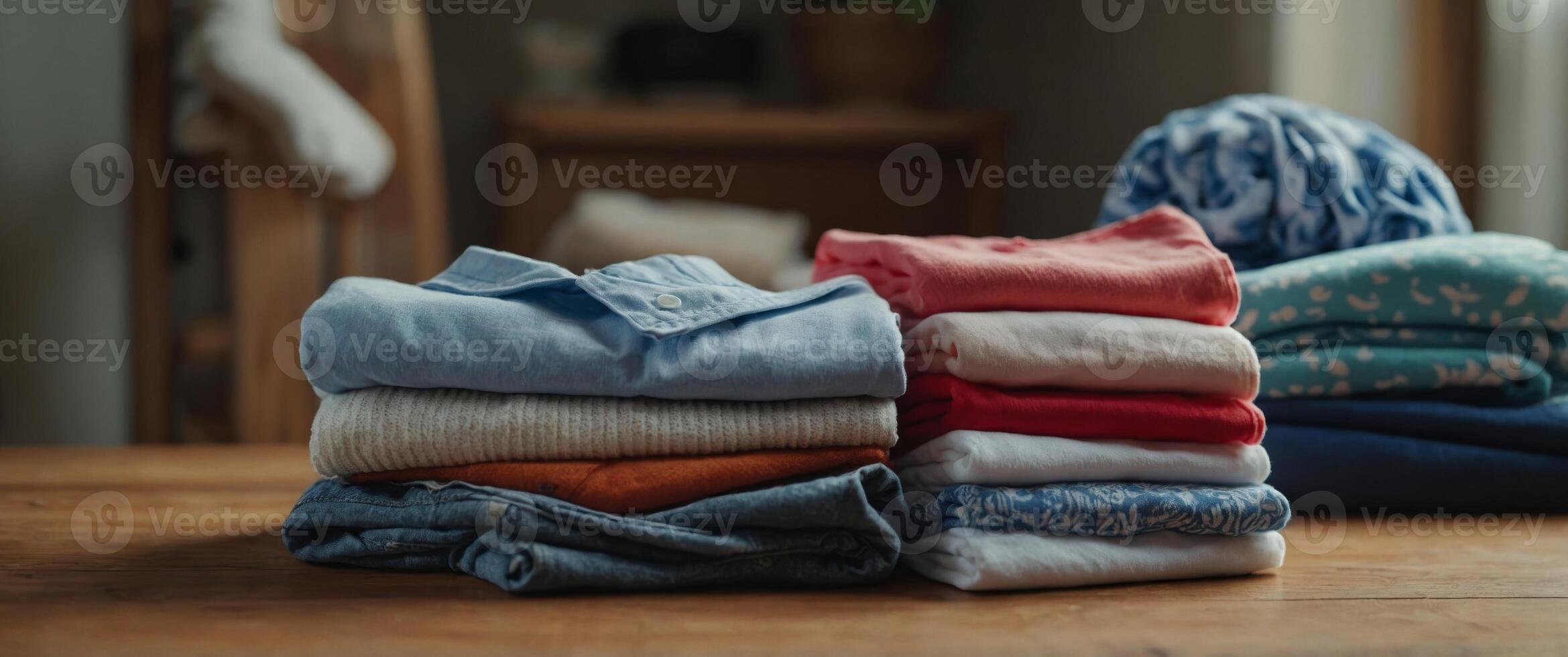 Stack of Folded Clothing on Wooden Table, Baby Items. photo