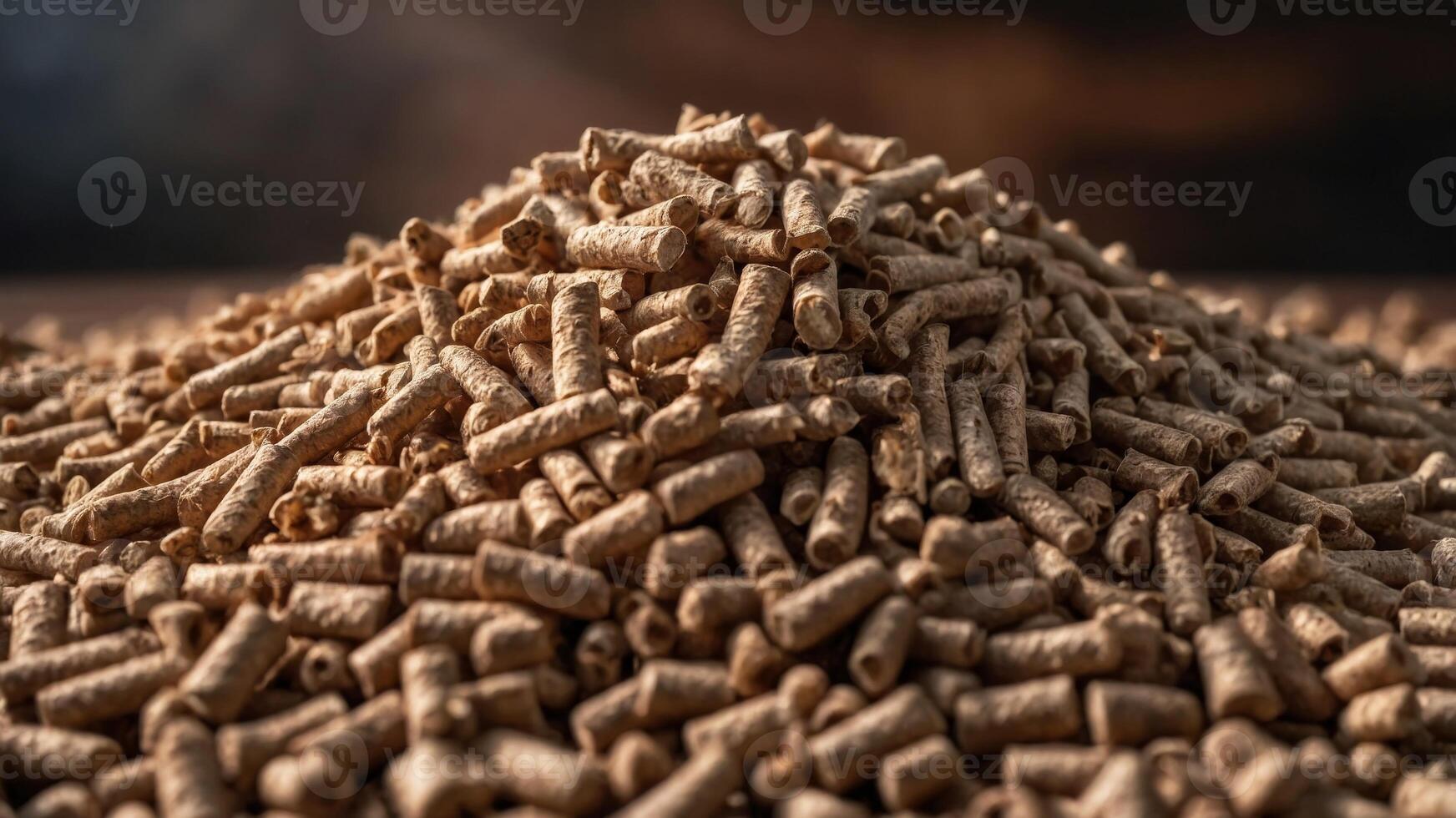 Stacked biomass wood pellets pile with blurred background and copy space for text placement. photo