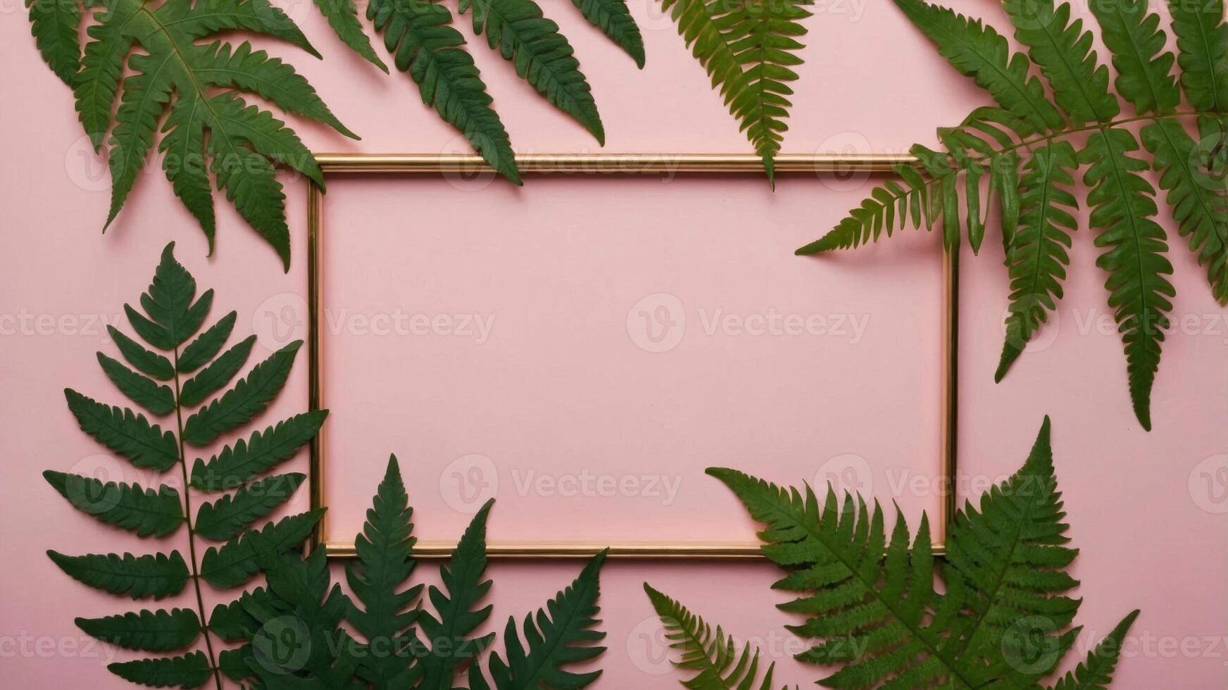 Top view fern leaves frame on pink background, Minimal fashion summer holiday concept Flat lay. photo