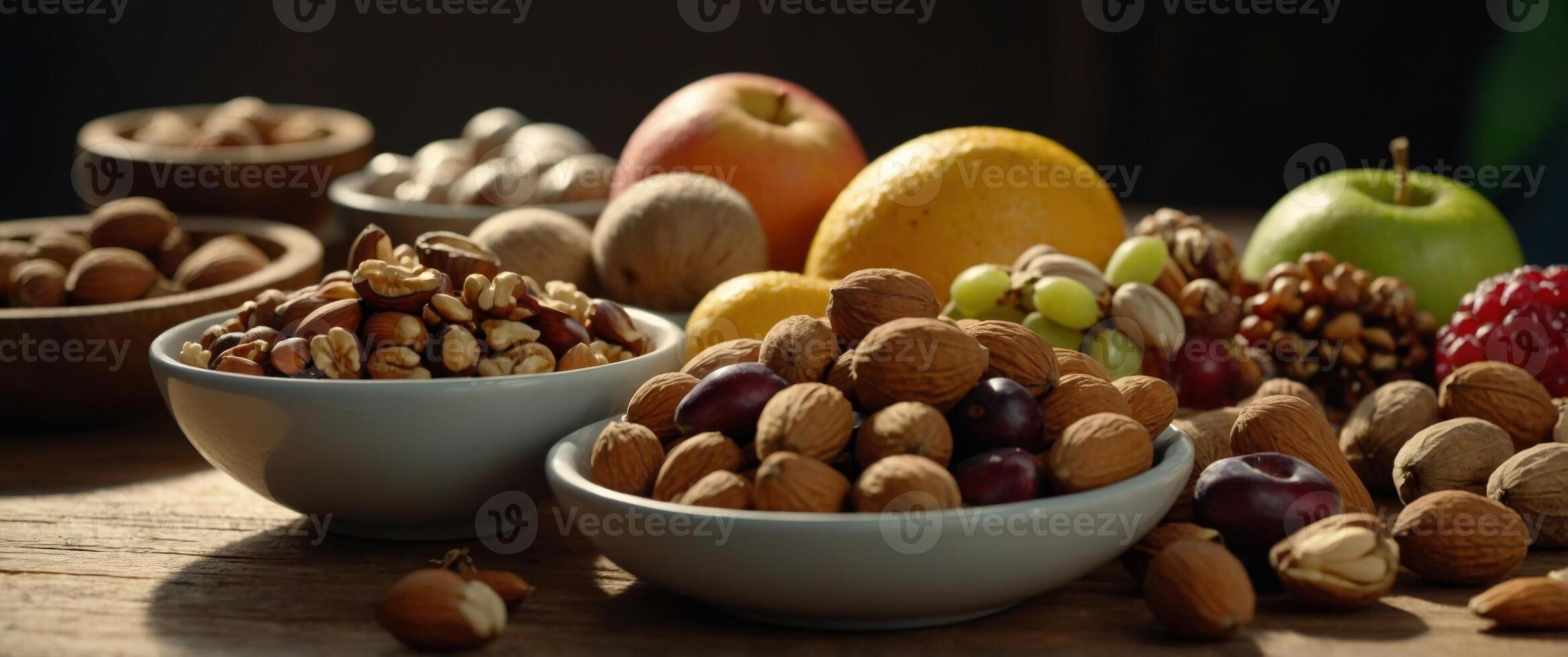 Various nuts, fruits, and other foods displayed on a wooden table. photo