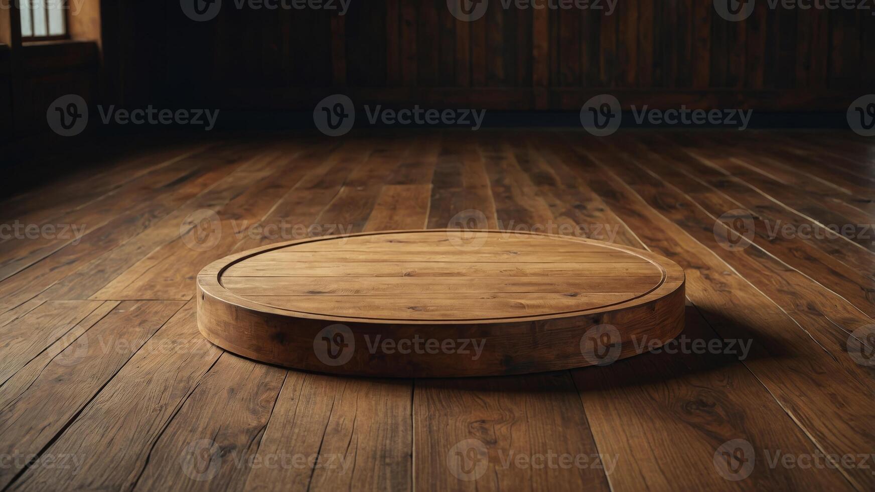 Wooden round podium on a textured floor, offering a rustic look for organic and ecofriendly products. photo