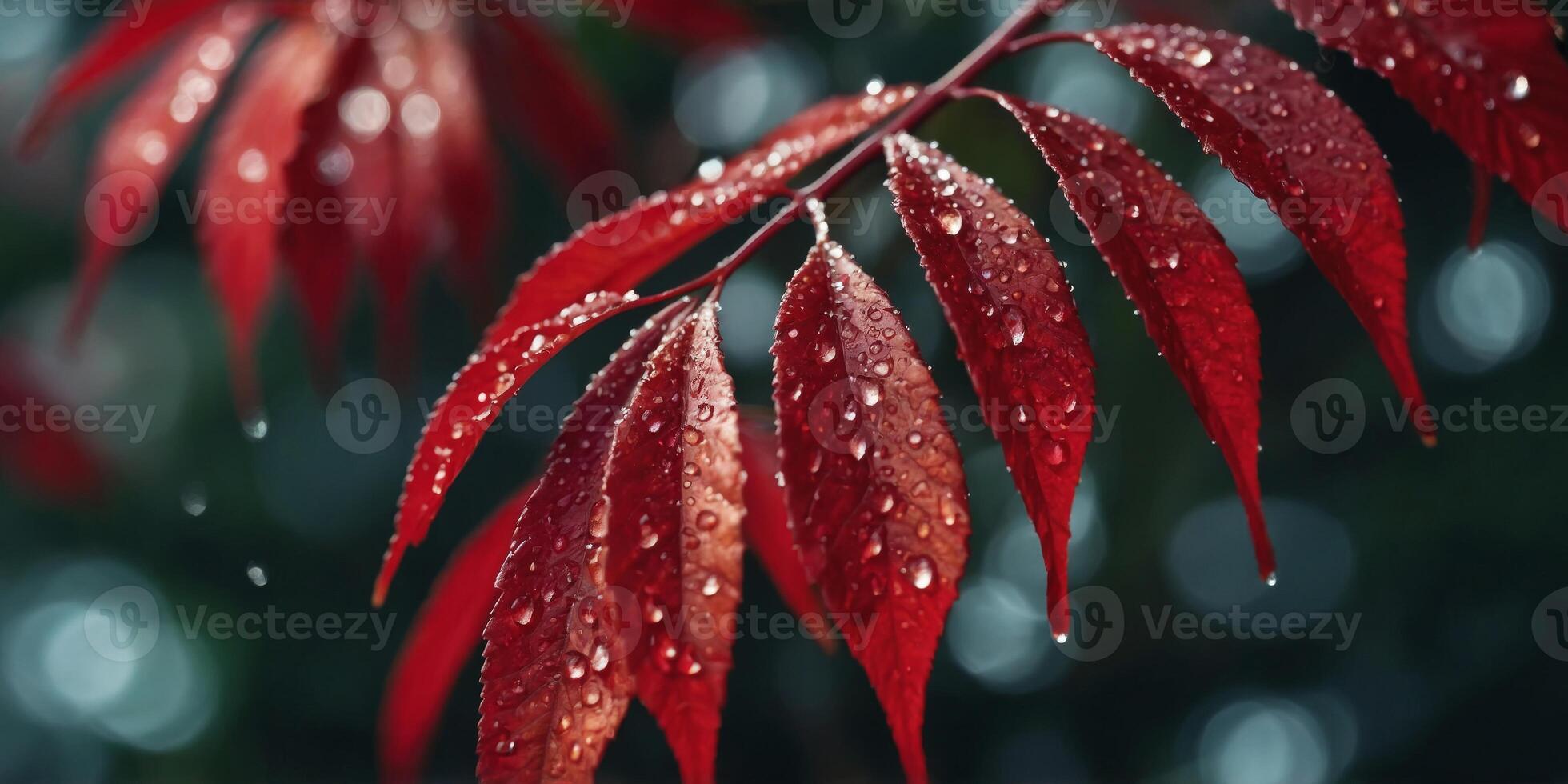 Vibrant red leaves with sparkling water drops captured in a close-up with a bokeh background. photo