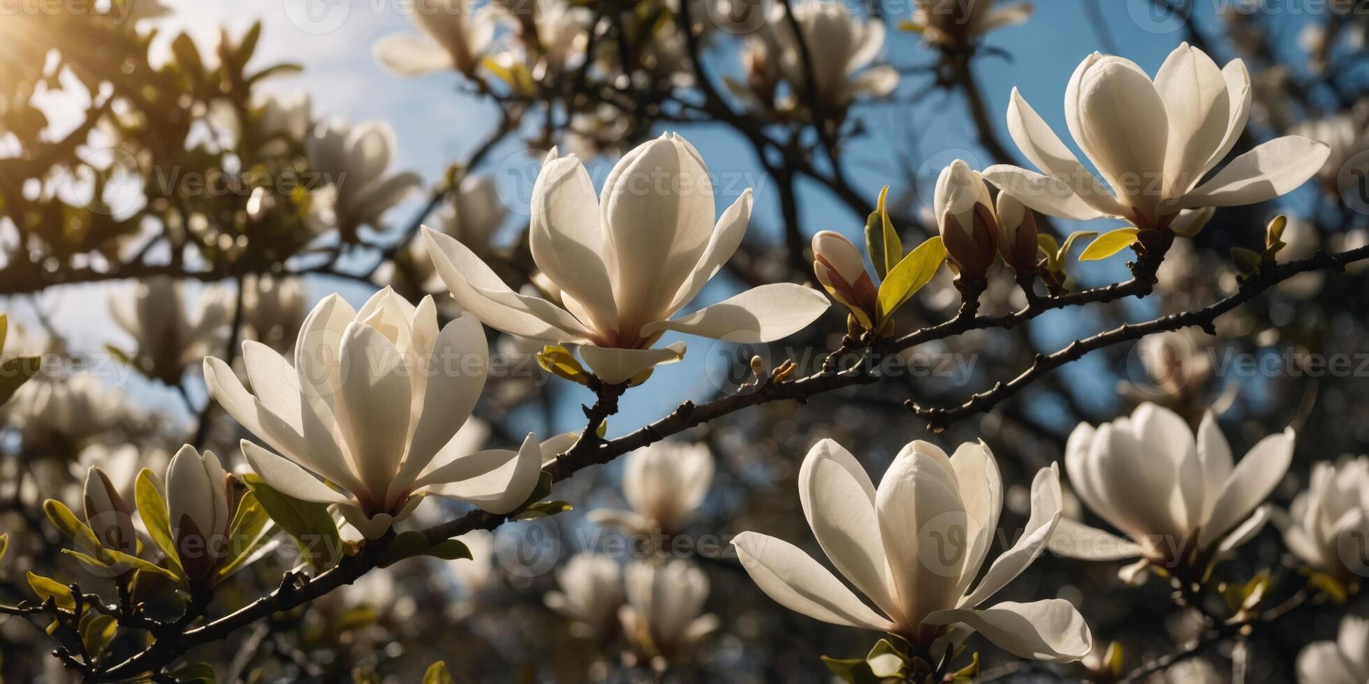 White Magnolia Blossoms Blooming in Sunlight on a Spring Day. photo
