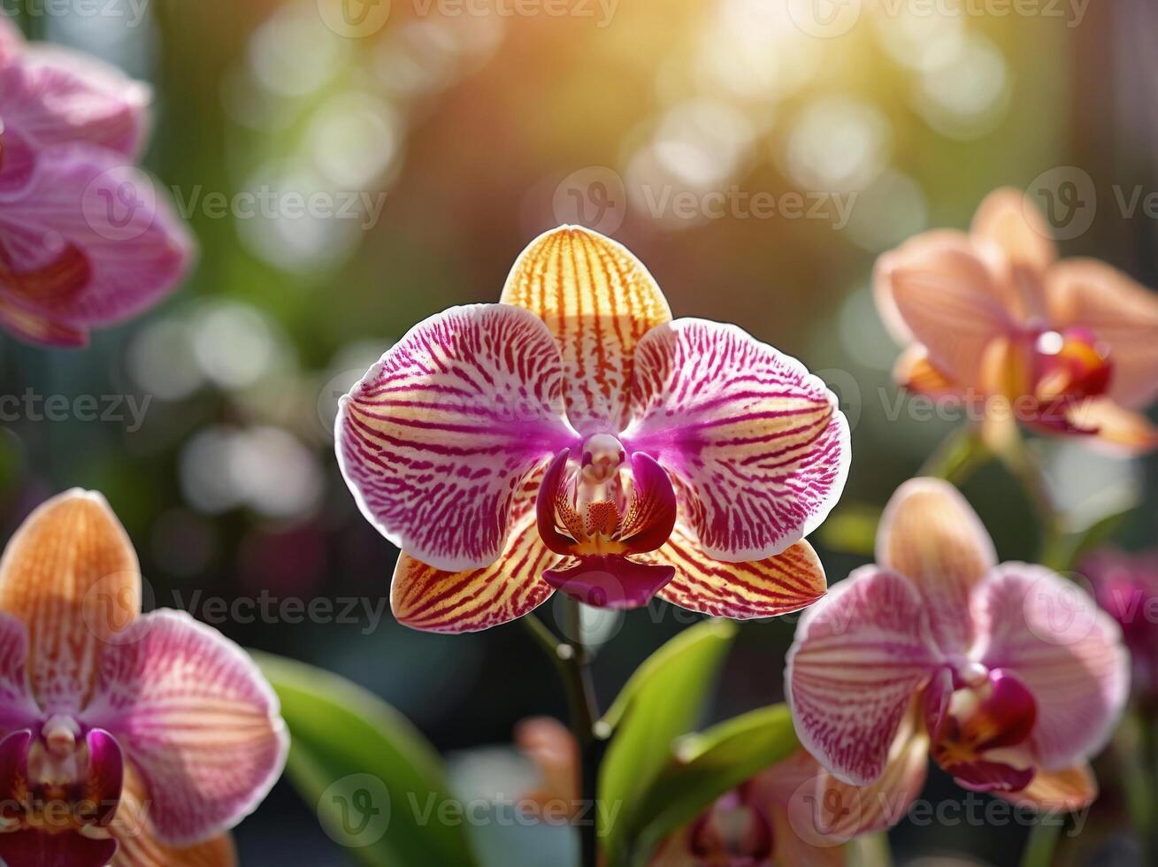 Vibrant pink and orange orchids bloom in soft sunlight with a dreamy bokeh background, creating a serene and colorful floral scene. photo