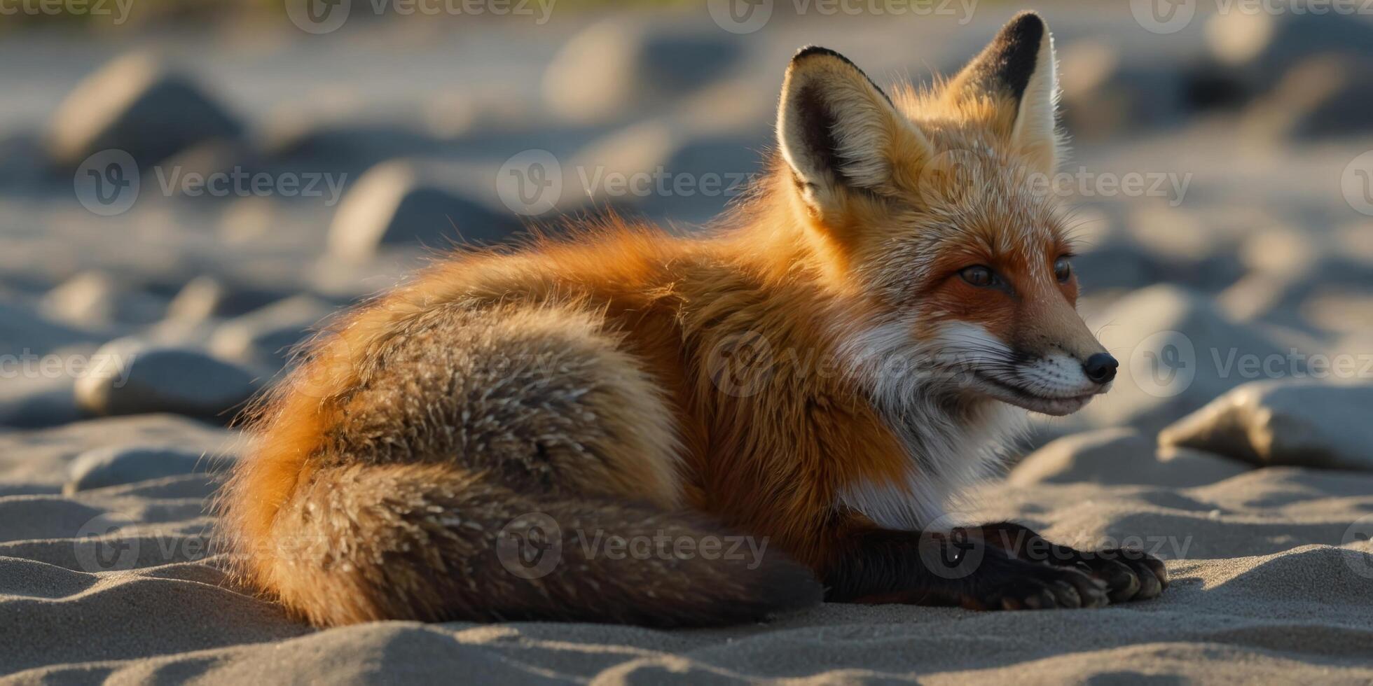 Wild baby red fox laying down at the beach, Nova Scotia, Canada. photo