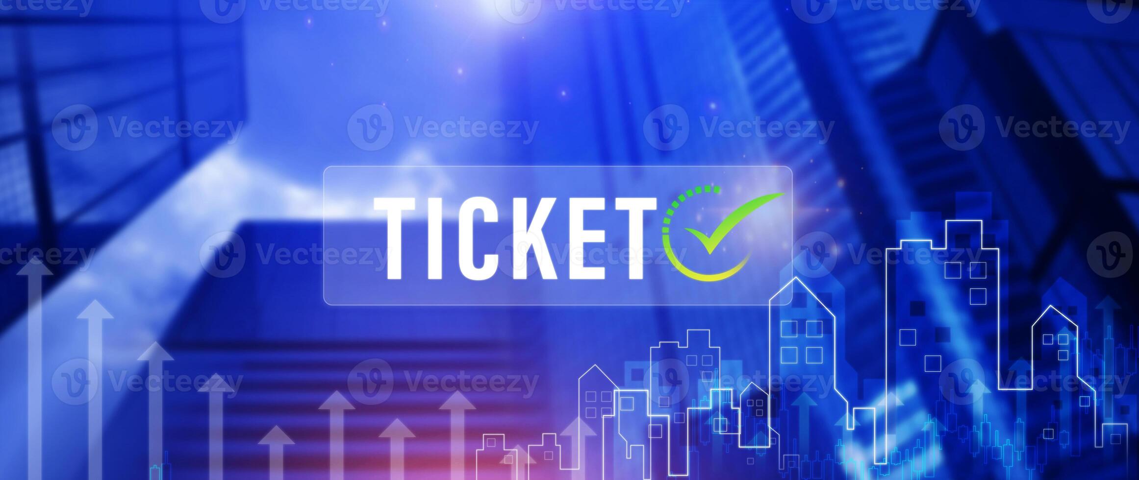 Ticket word, Business, Technology, internet and networking concept, ticket online booking button on virtual screens. photo