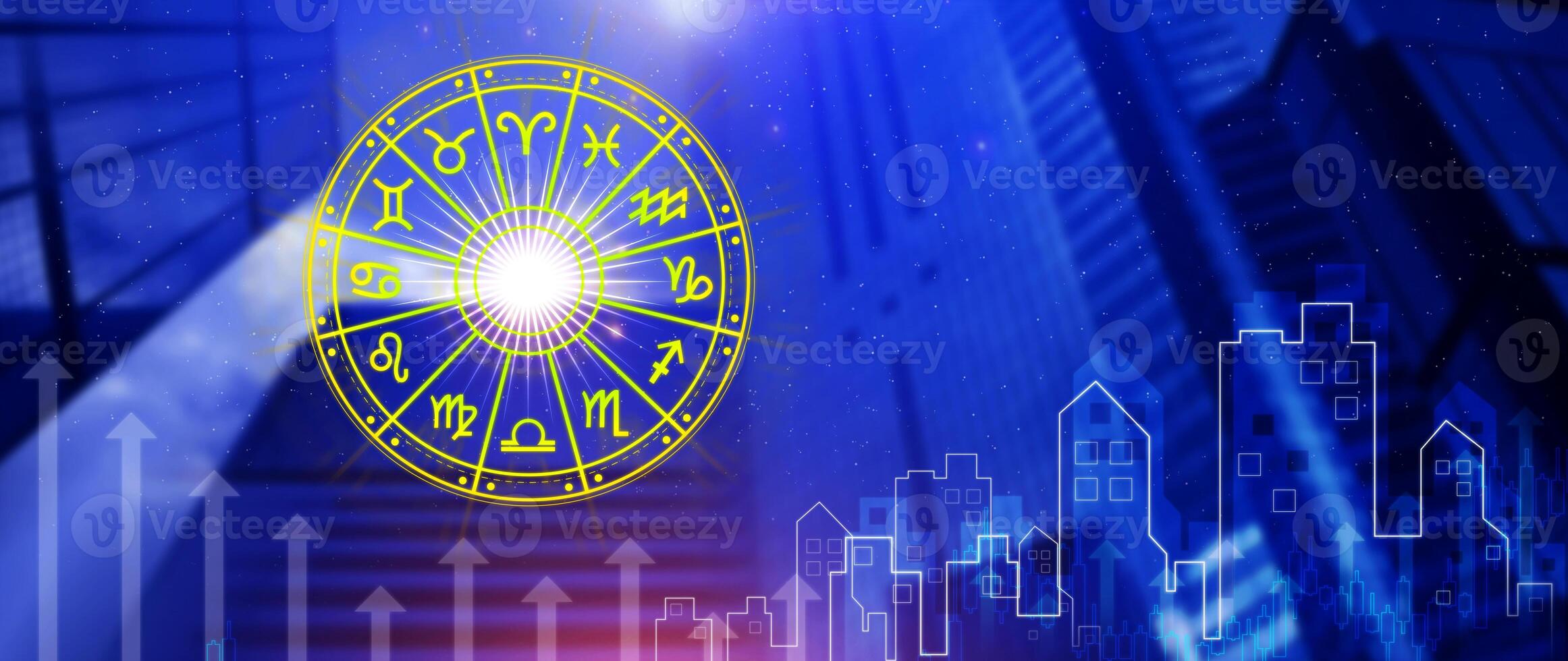 Concept of astrology and horoscope, person inside zodiac sign wheel, Astrological zodiac signs inside of horoscope circle, Astrology, knowledge of stars in the sky, power the universe concept. photo