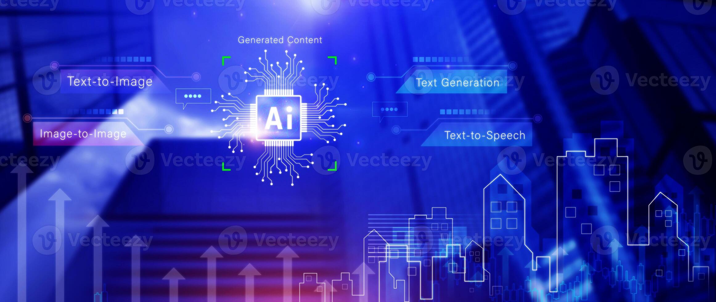 Ai tech, Artificial Intelligence to generate content, Text to image, speech, smart AI, using command prompt for generates something, Futuristic technology transformation. photo