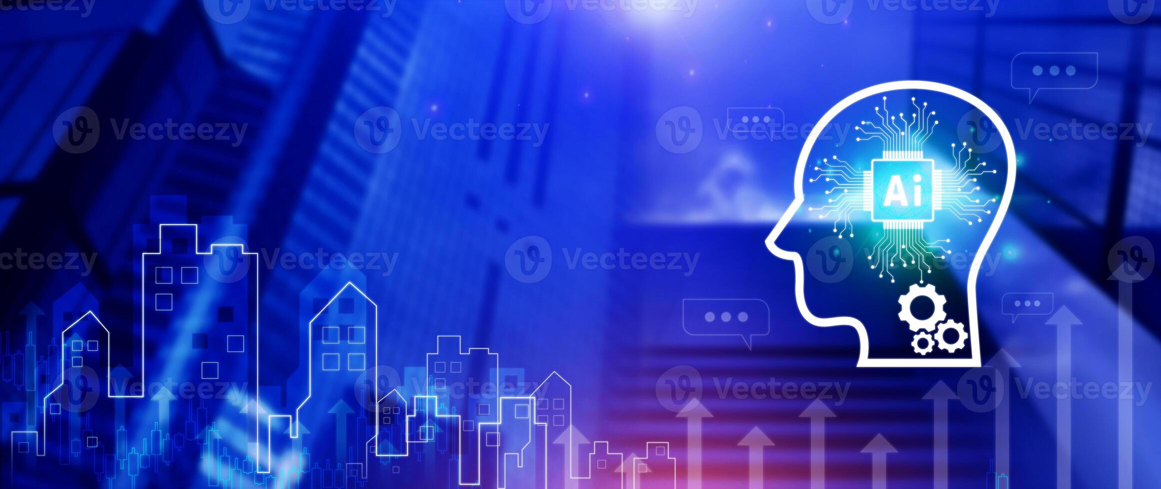 Ai tech, virtual graphic Global Internet connect with AI, Artificial Intelligence, using command prompt for generates something, Futuristic technology transformation. photo