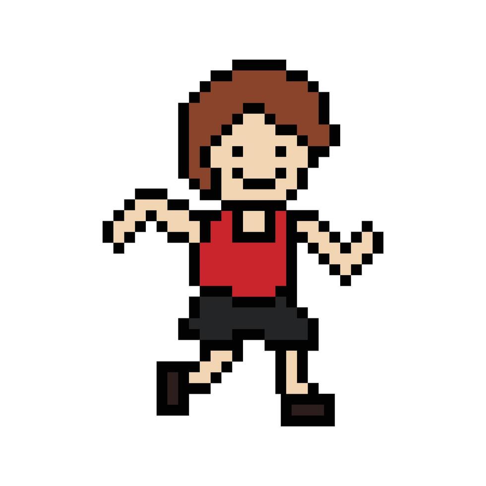 Cute pixel cartoon 8bit character man run or running jog cardio lifestyle for decoration life style 8 bit male boy jog marathon exercise. vector