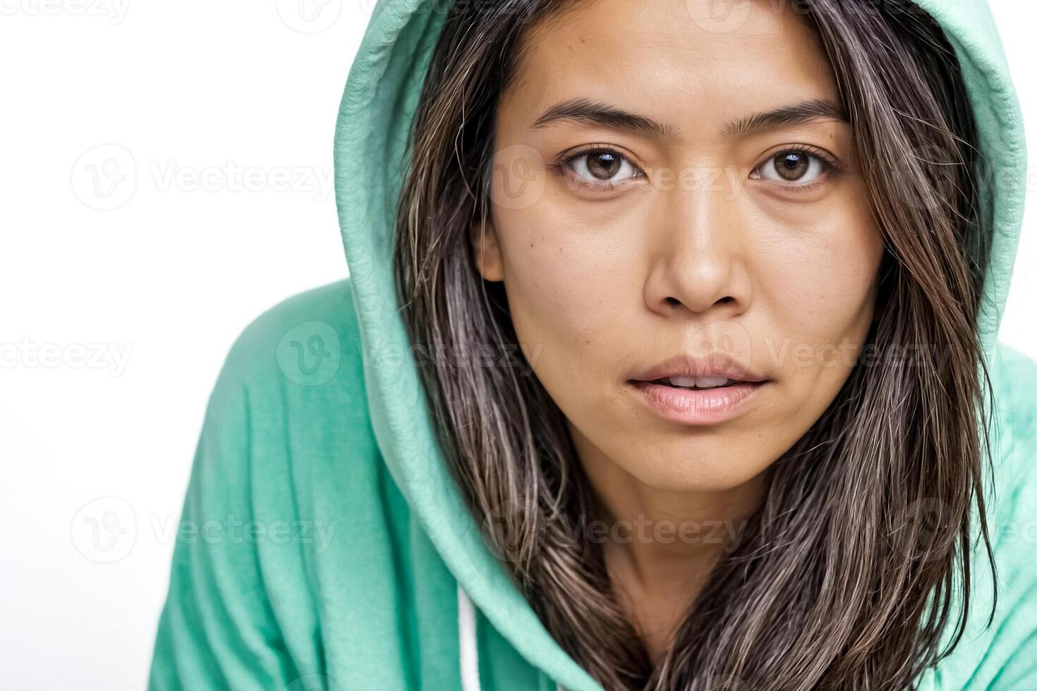 Close-up of a woman's face with a hood pulled over her head. photo
