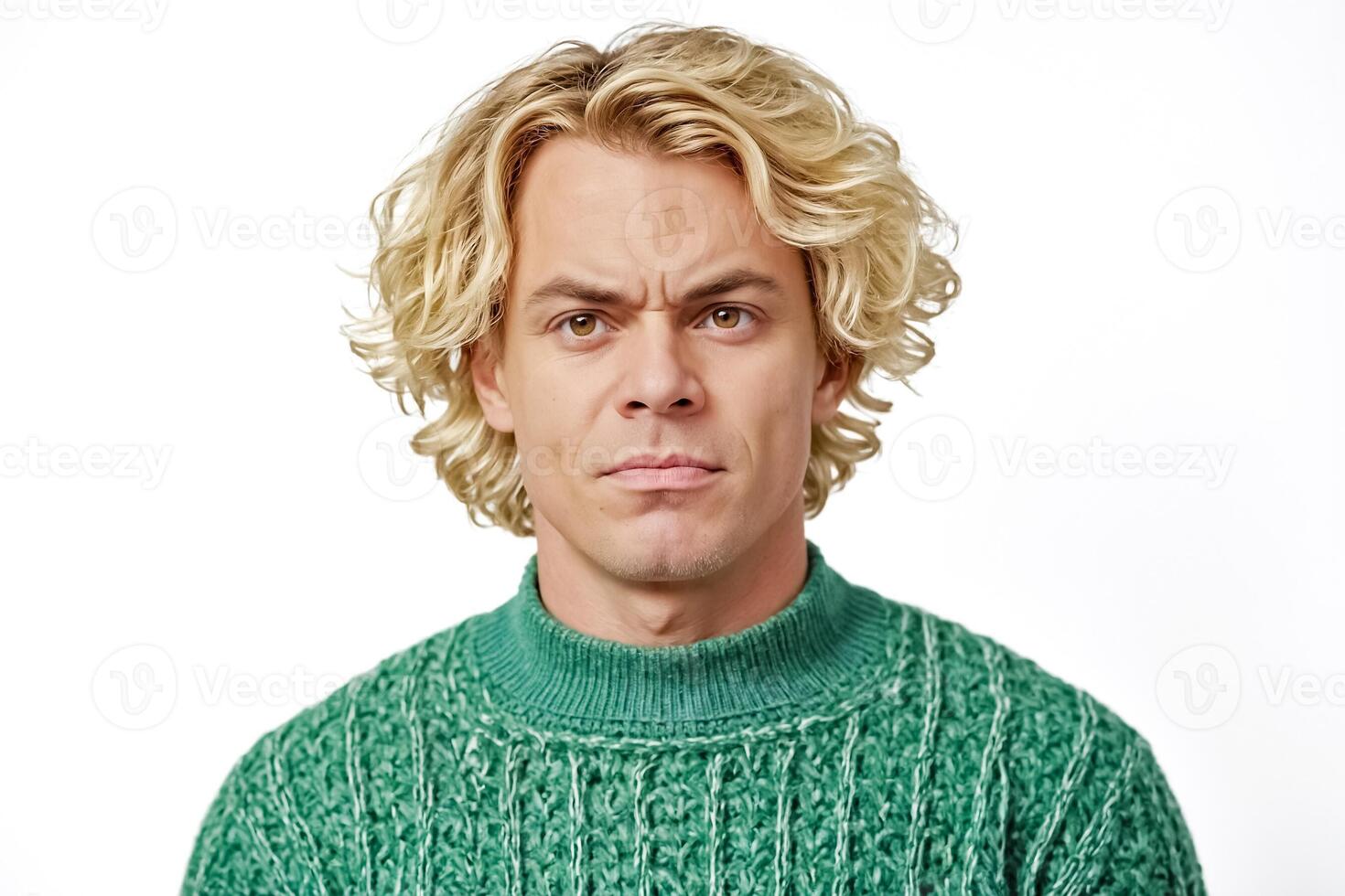 Portrait of a young man with blonde hair and a green sweater looking skeptical photo