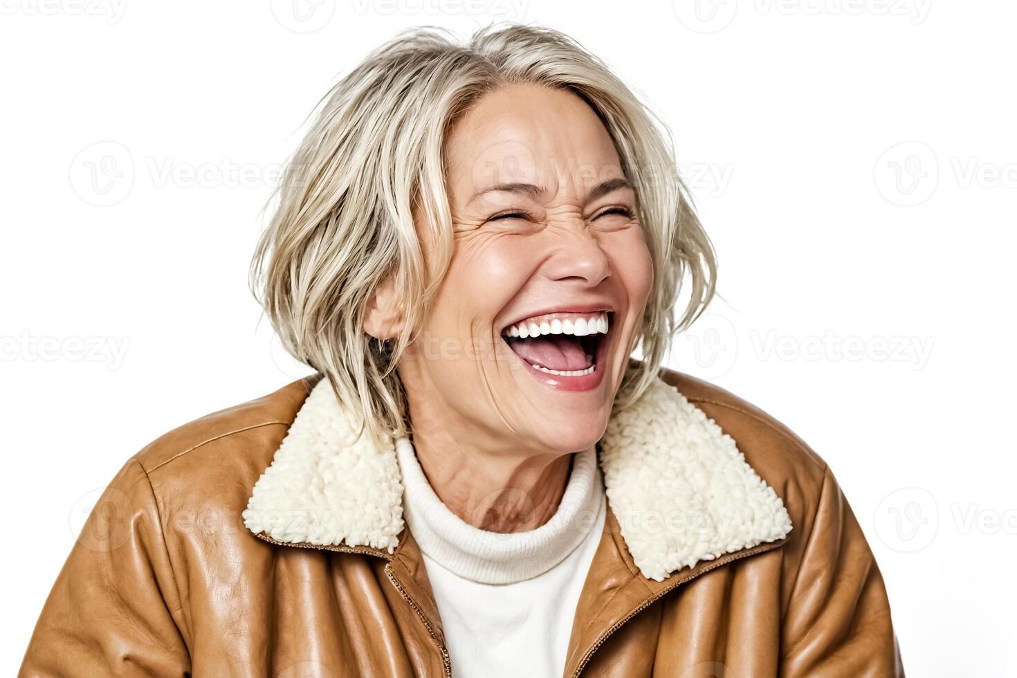 Happy Mature Woman Laughing in Brown Leather Jacket photo