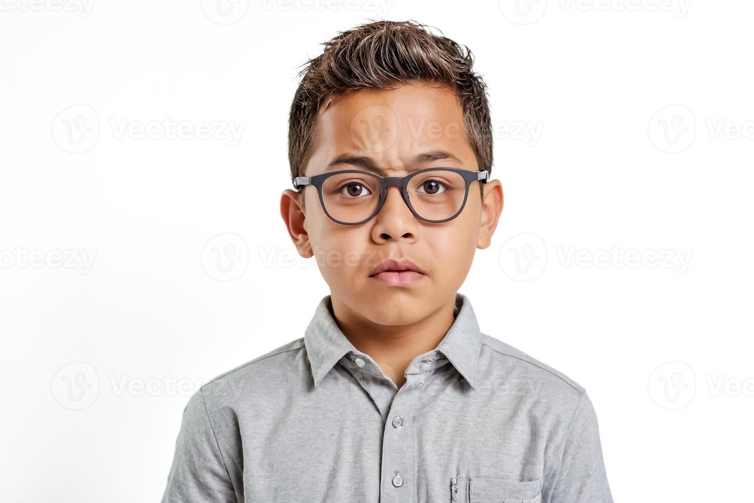 Portrait of a Boy Wearing Glasses and Looking Thoughtful photo