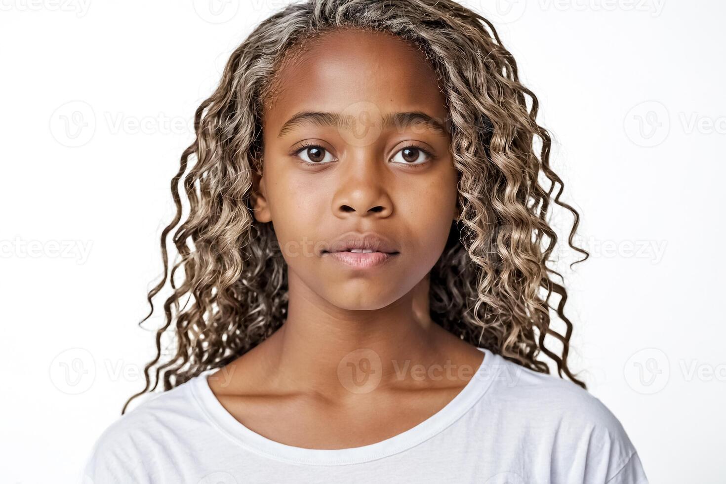 Young woman with curly hair looking at the camera photo