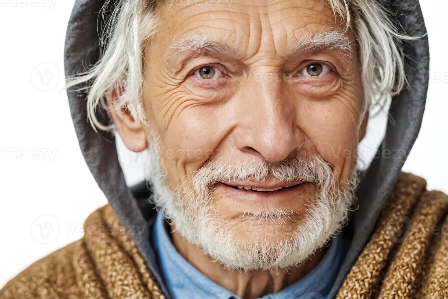 Closeup of a smiling senior man with white hair and beard photo