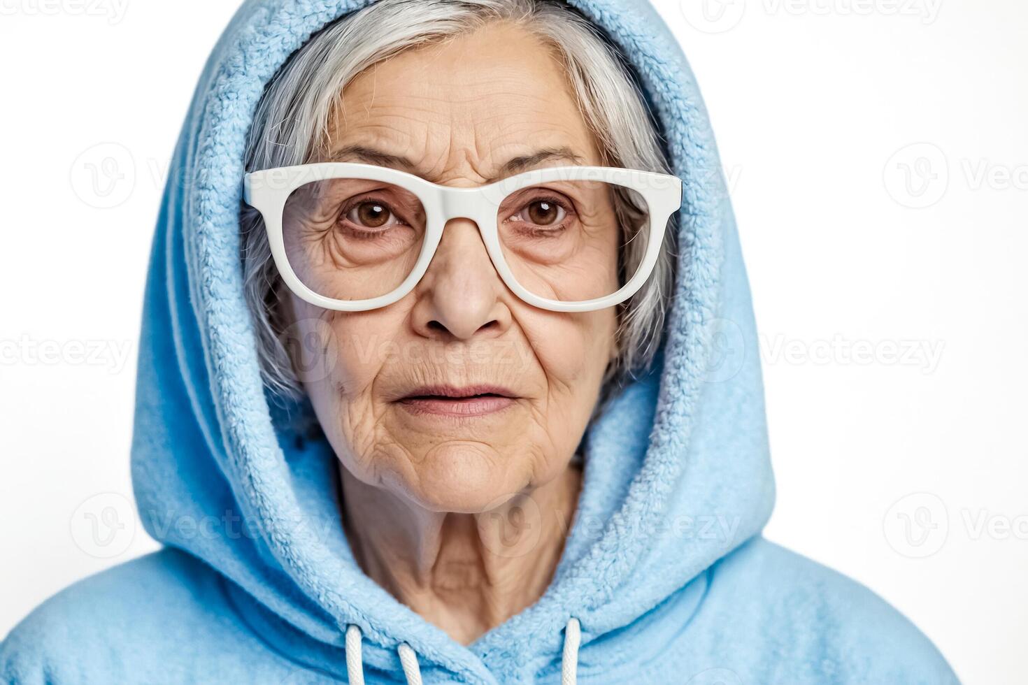 Close-up portrait of an elderly woman wearing a blue hoodie and white glasses photo