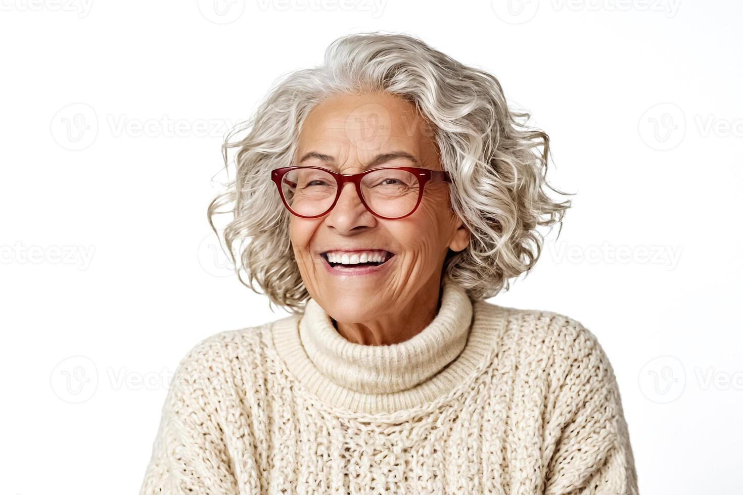 Cheerful Senior Woman with Grey Hair and Red Glasses Smiling photo