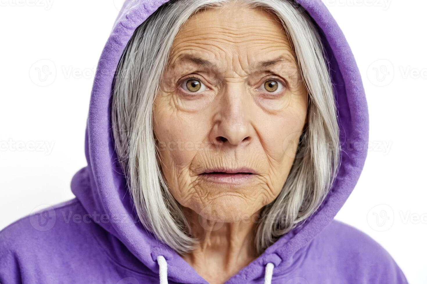 Close up portrait of a senior woman with grey hair wearing a purple hoodie photo