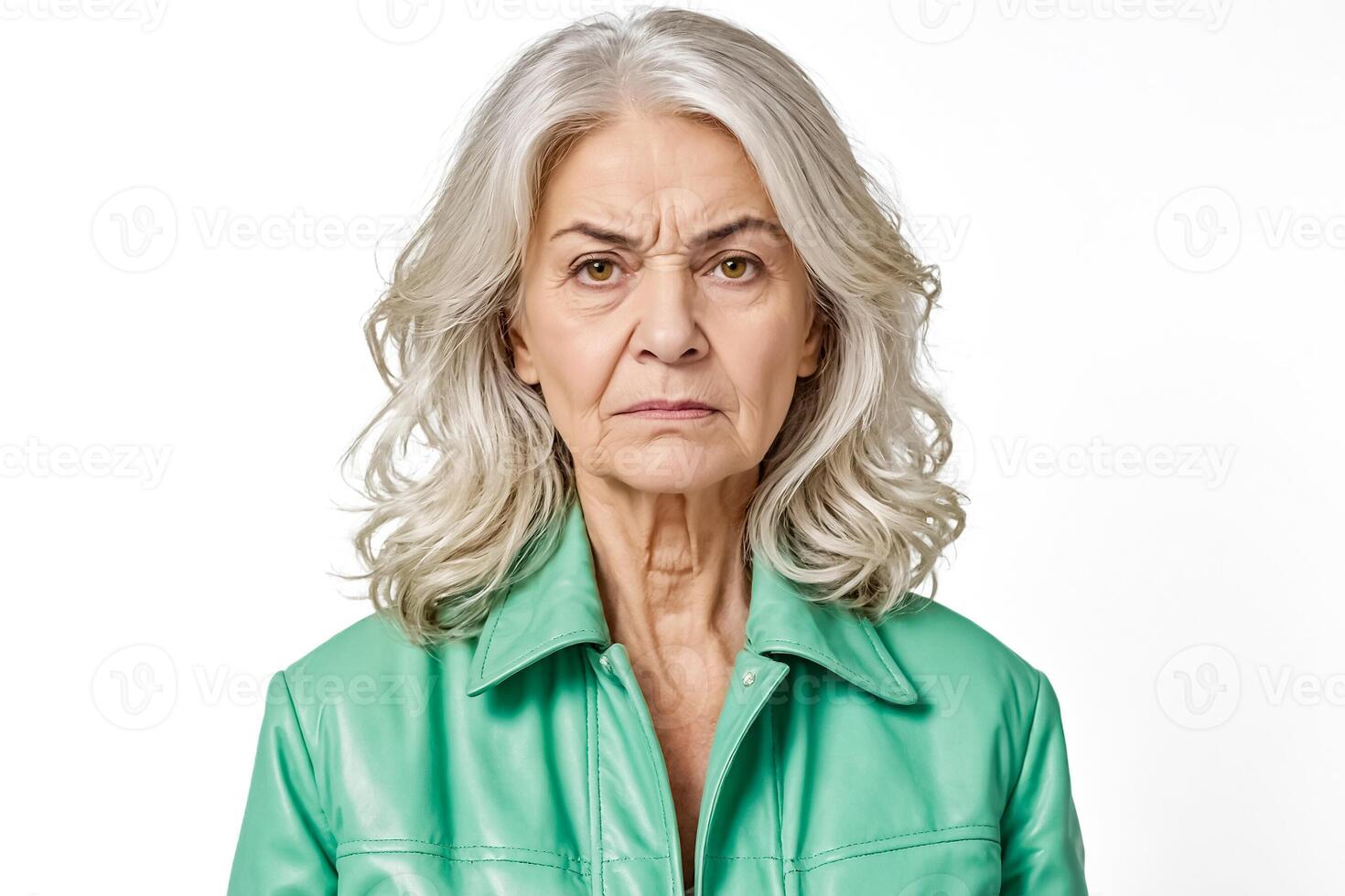 Mature woman with gray hair and a serious expression photo
