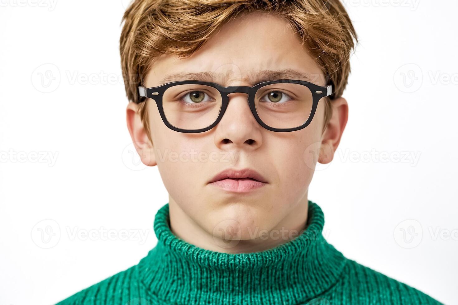 Young boy with serious expression wearing glasses and a green turtleneck sweater photo