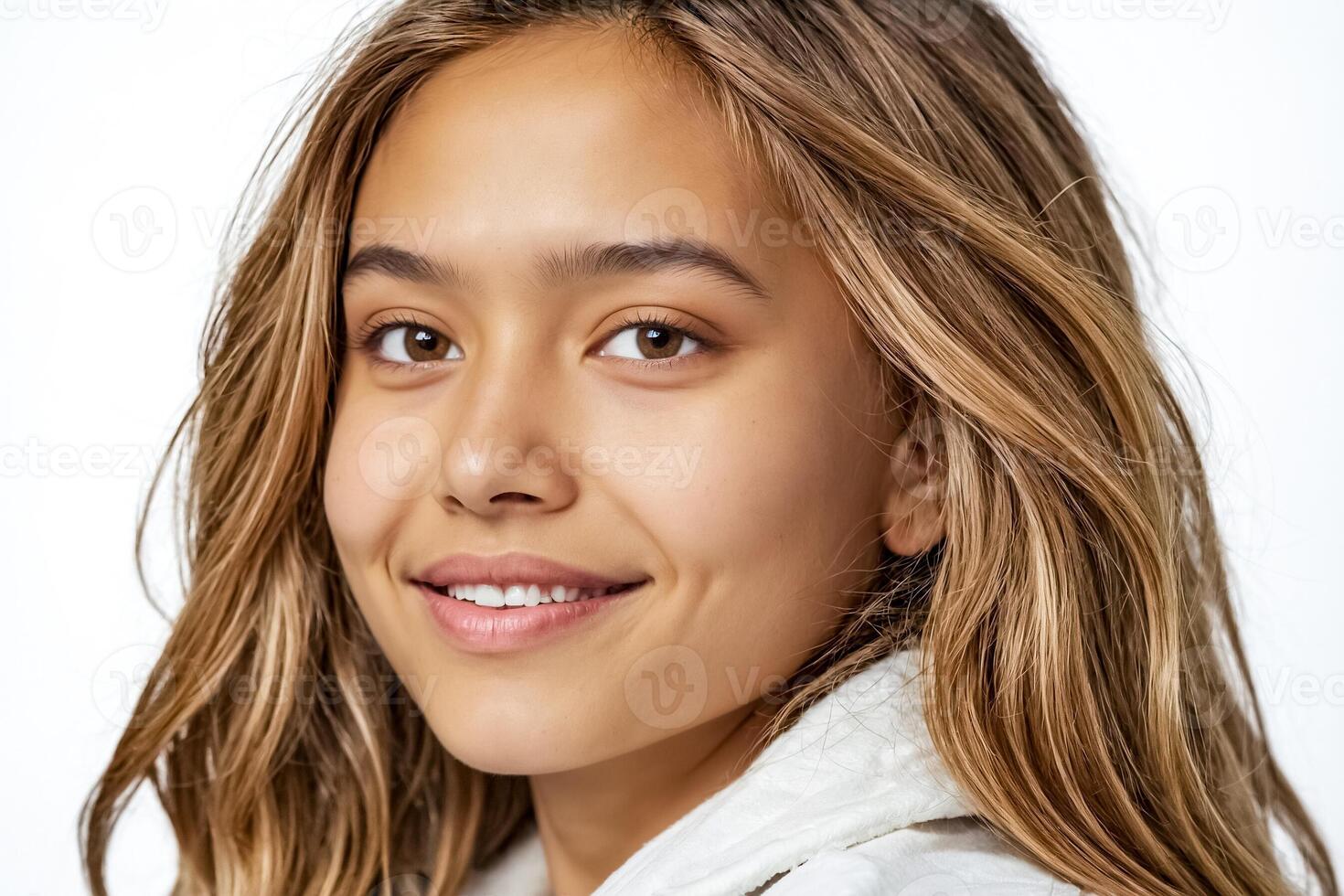 Close-up portrait of a young woman with long blonde hair smiling photo