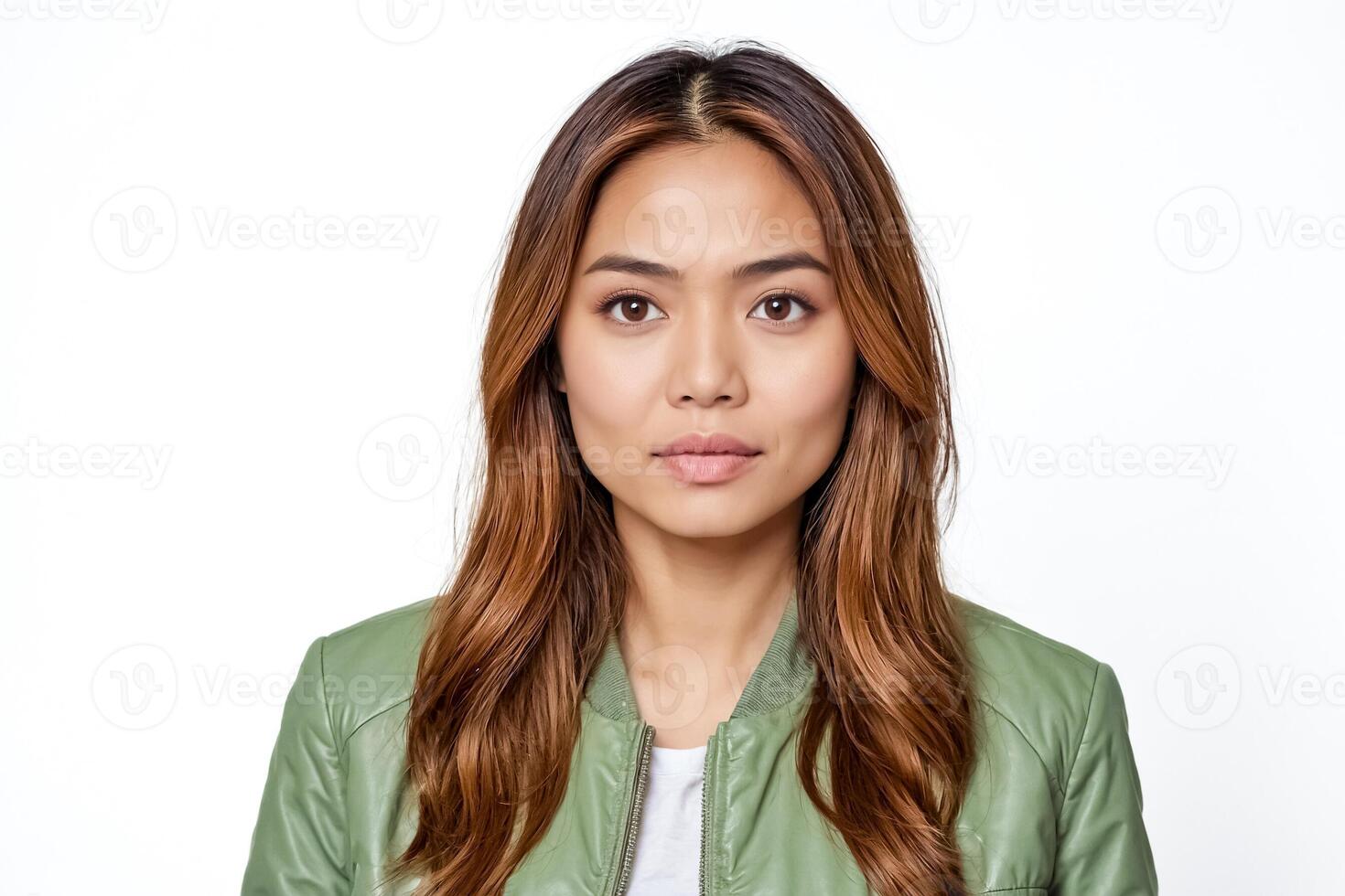 Portrait of a young woman with long brown hair and a green jacket photo