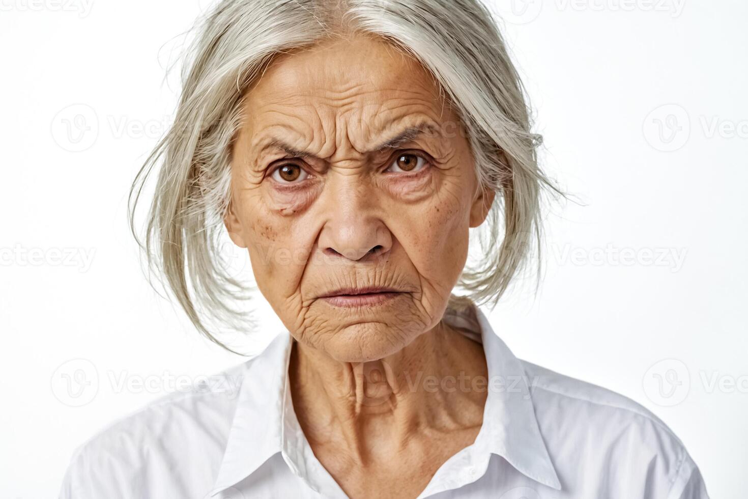 Close up portrait of an angry senior woman photo