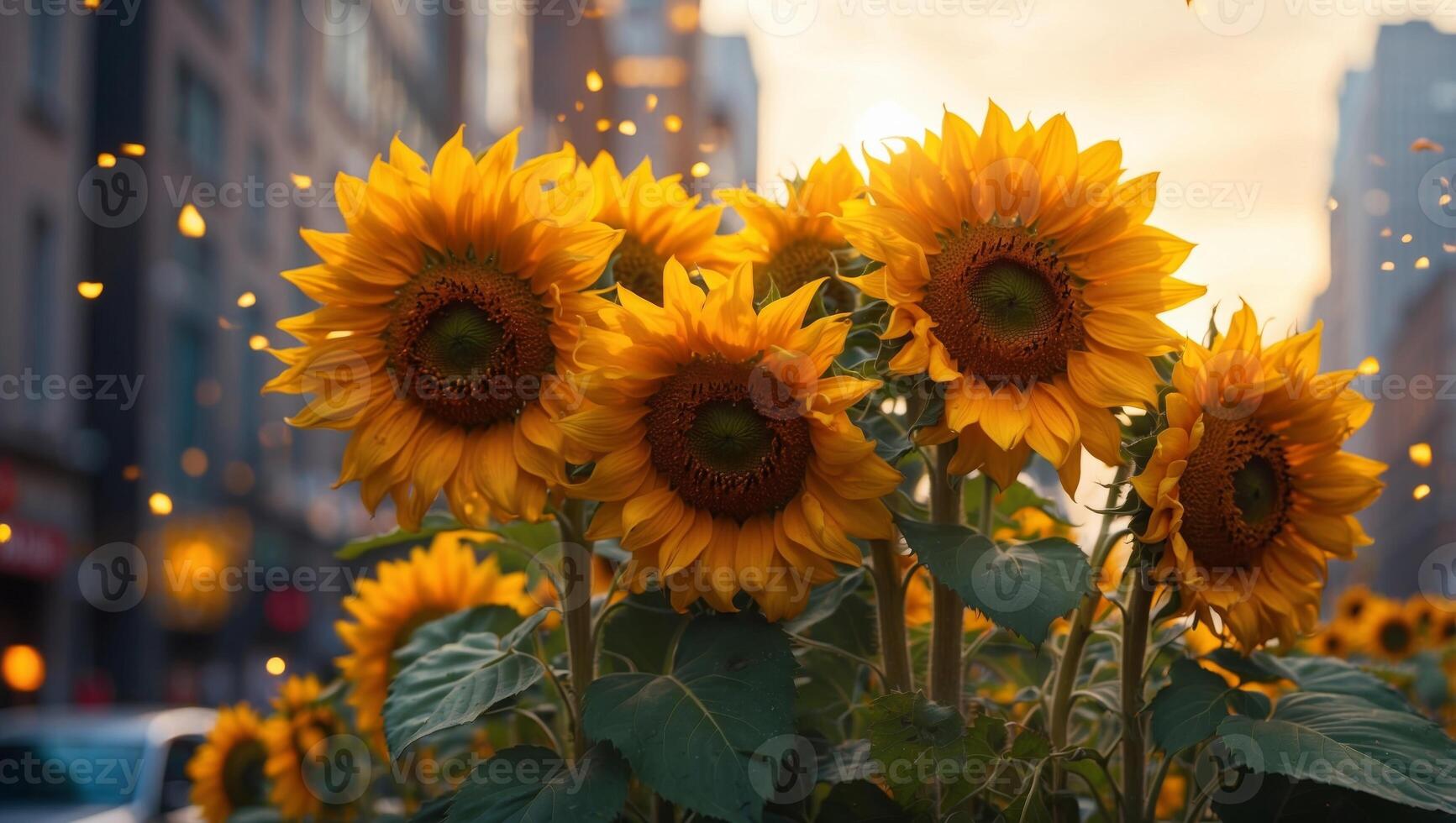 Vibrant Sunflowers Bloom Amidst the Metropolis A Double Exposure Showcasing Lifes Resilience. photo