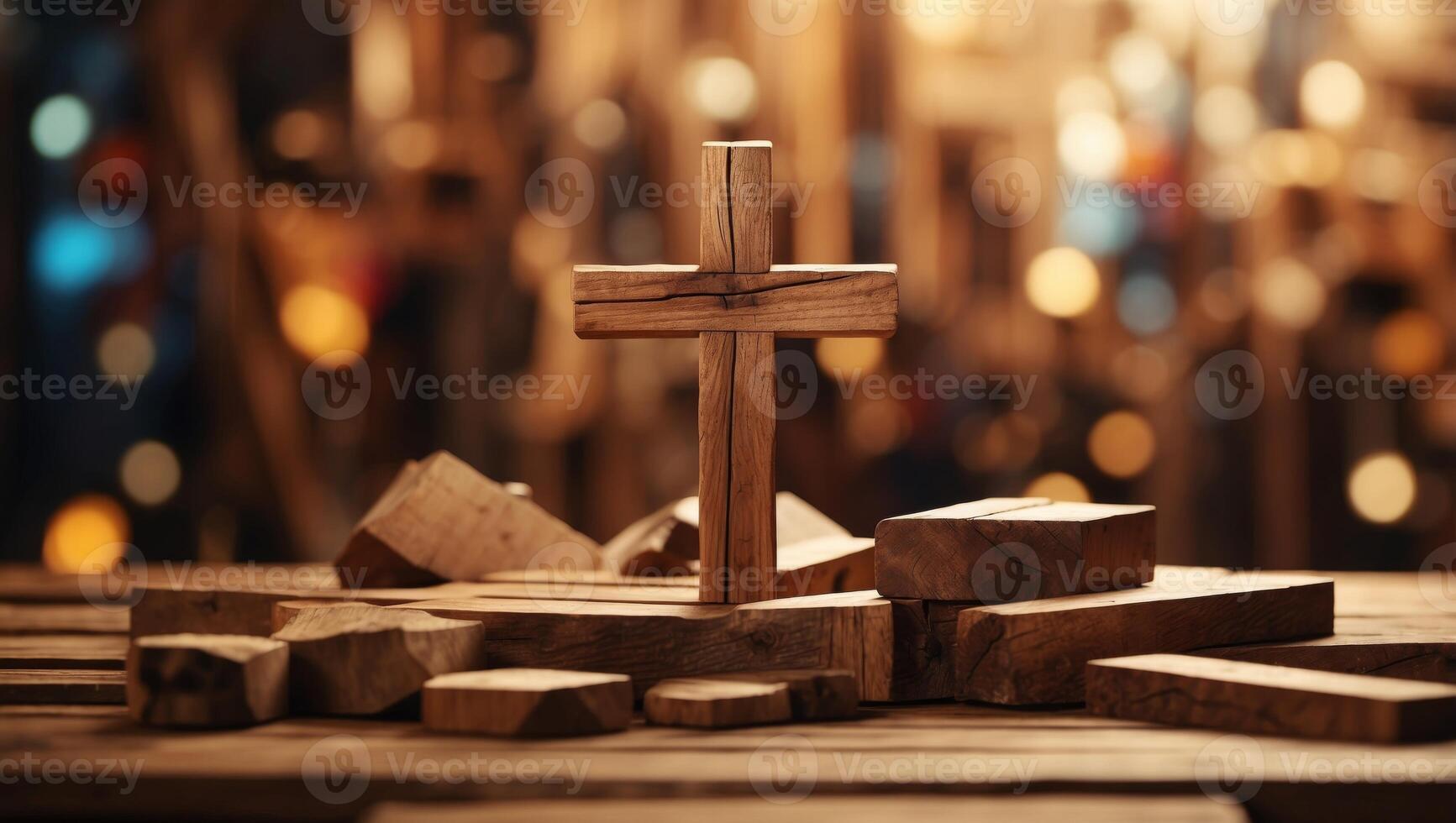 Wooden cross on top of abstract geometric wooden objects. photo