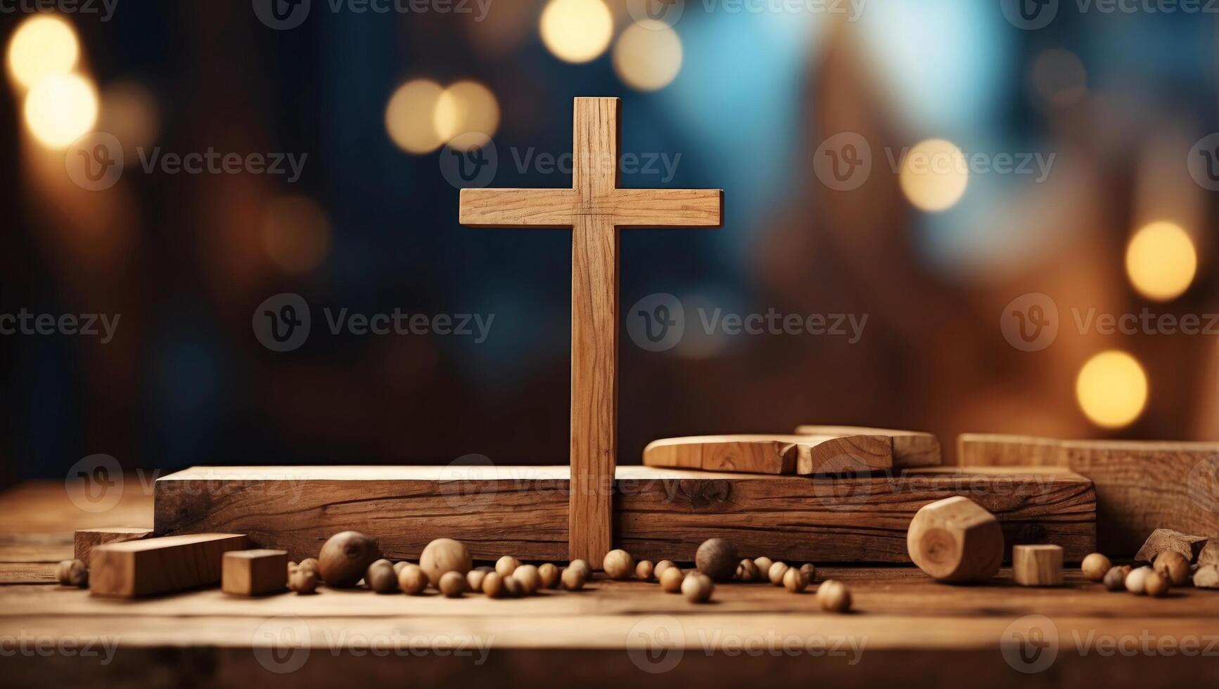 Wooden cross on top of abstract geometric wooden objects. photo
