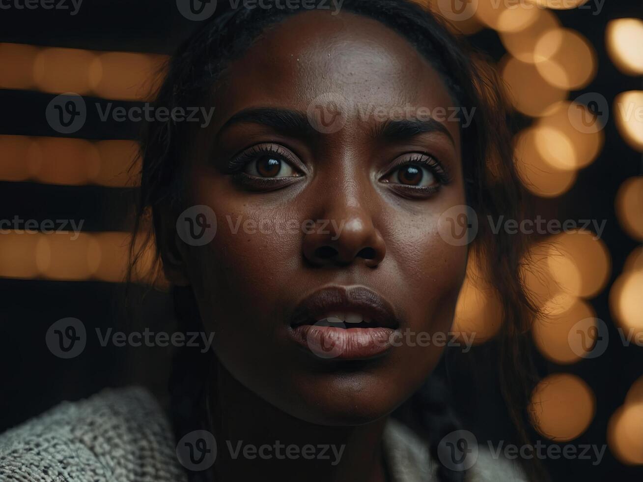 emotional expression through lighting of a woman's face, featuring an open mouth, nose, and brown eye, with a black face in the background. photo