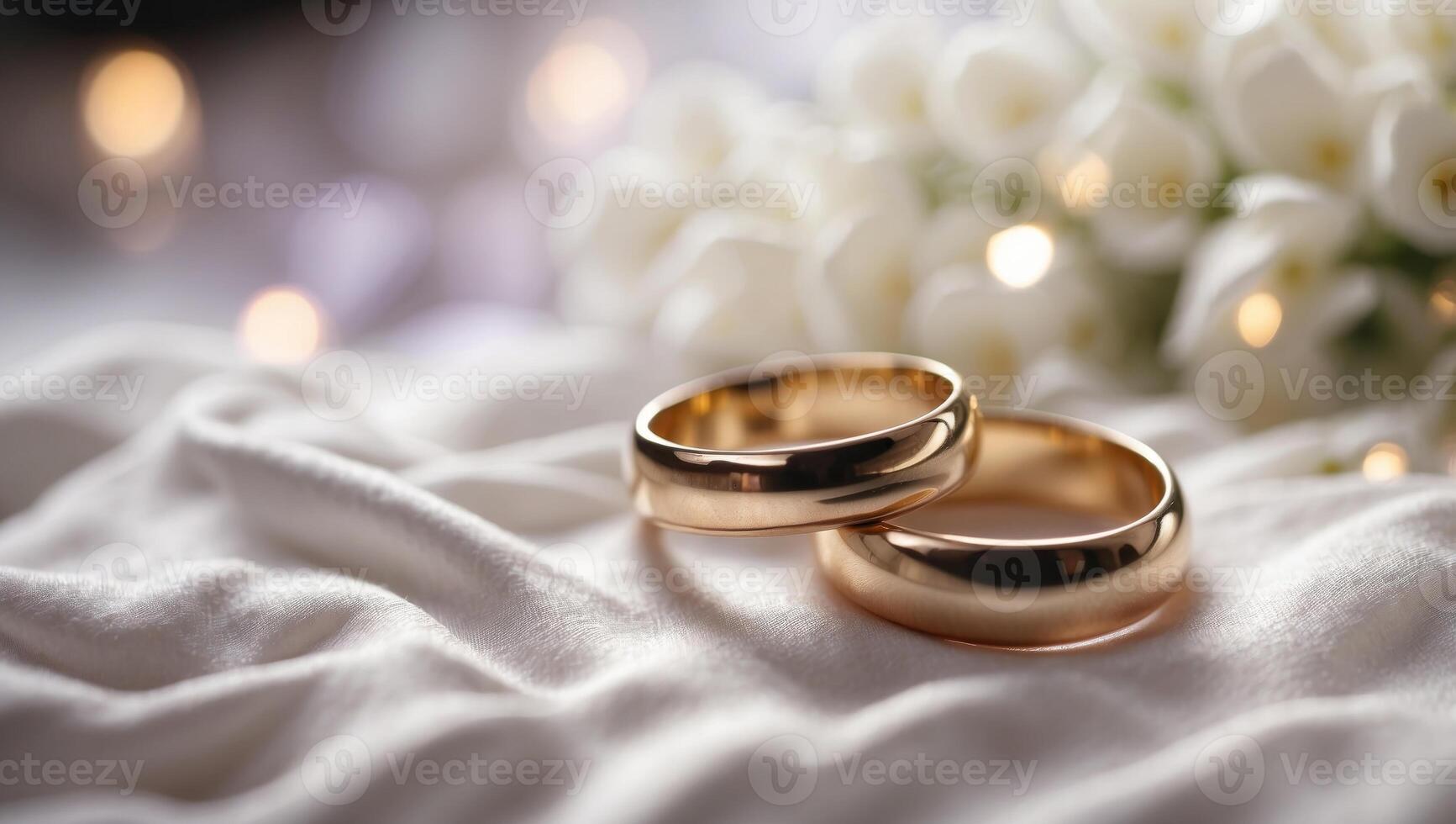 Wedding rings on white satin cloth, closeup view. photo