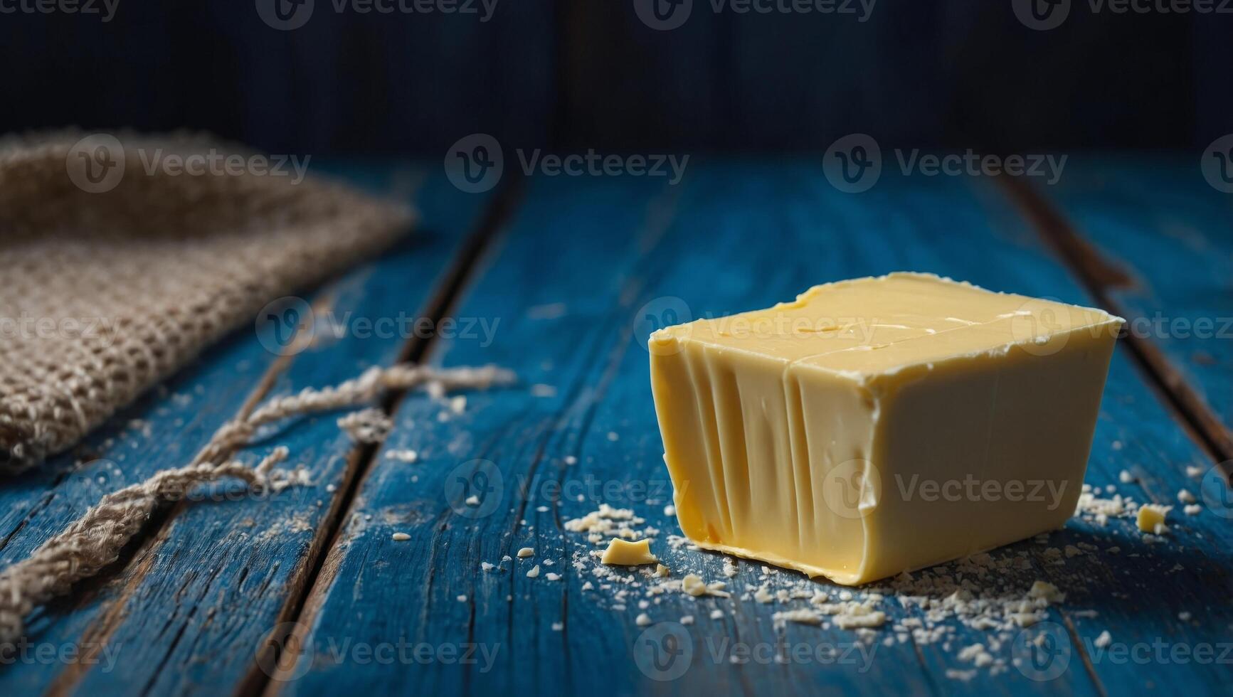 piece of butter on a blue wooden table, selective focus. photo