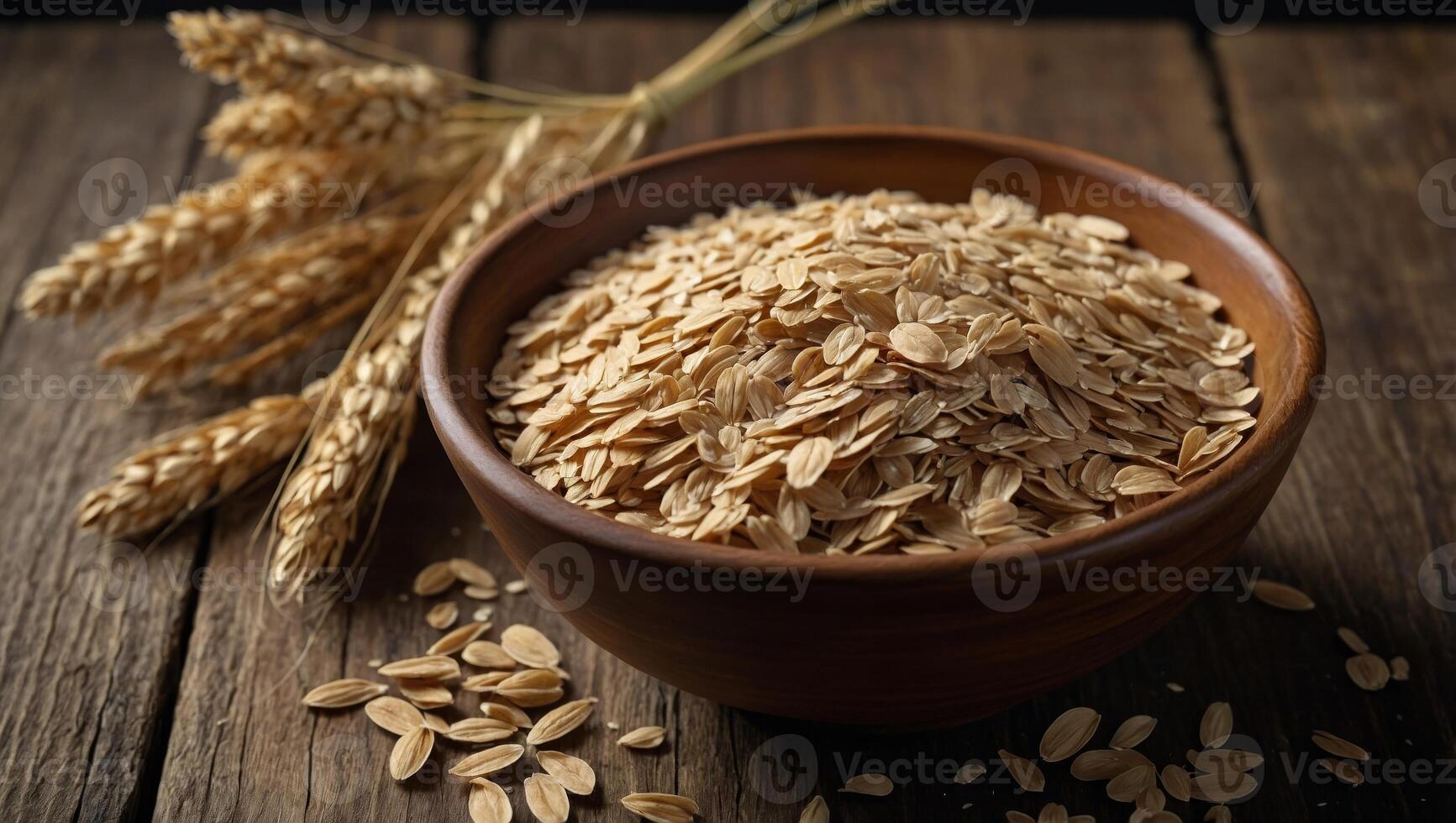 oat flakes in bowl and ears on wooden table top view Uncooked oatmeal. photo