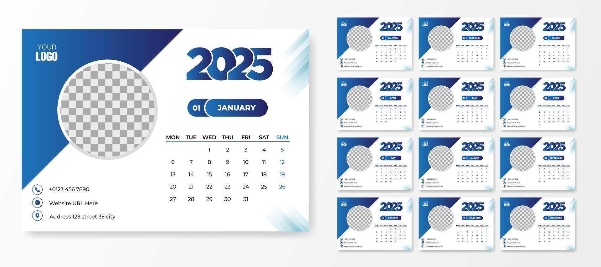 Professional Desk 2025 Calendar Design Template. Weeks Starts On Monday. vector