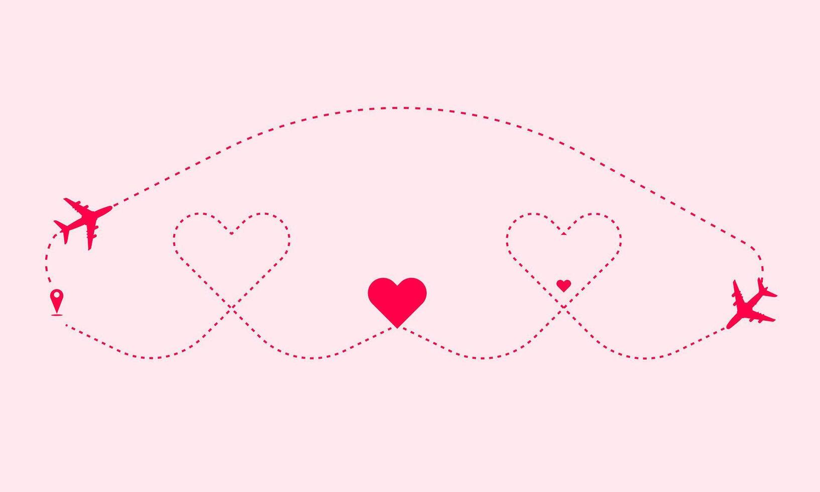 Heart dotted line path, love airplane route, a new baby born lovely heart dashed lines with aircraft and location pin vector