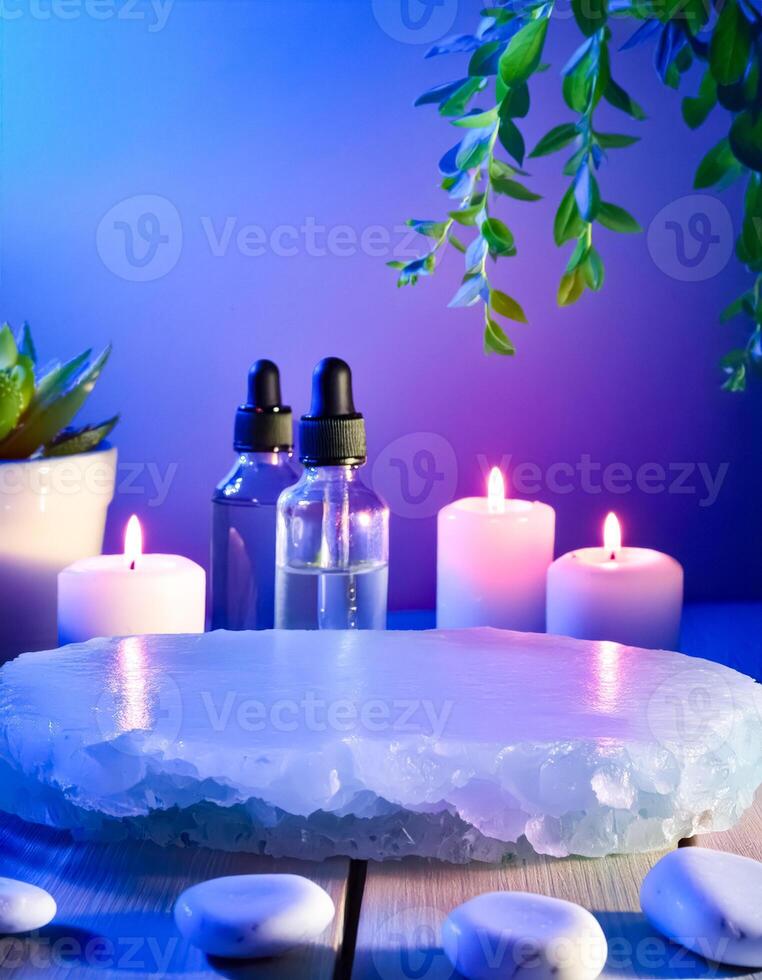 Blue and White Spa Background with Icy Platform and Candles photo