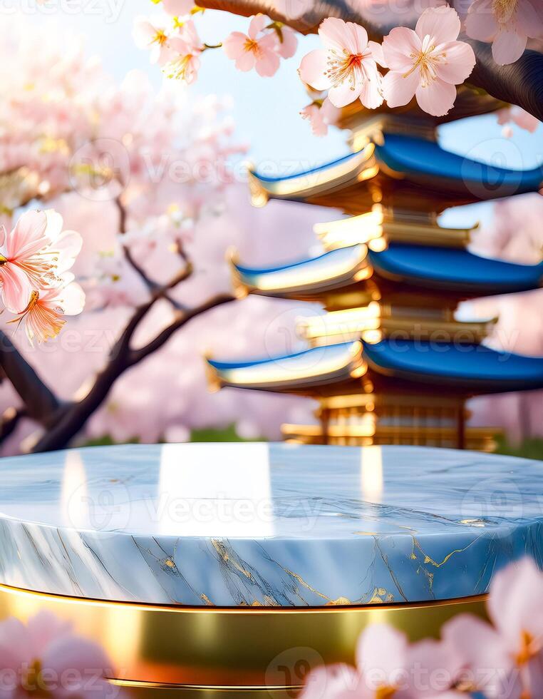 Marble Podium with Golden Accents and Japanese Pagoda Background photo
