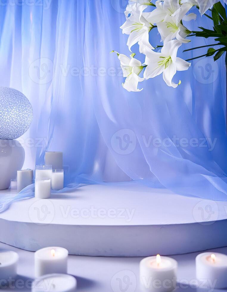 White Candles and Lilies with Blue Background photo