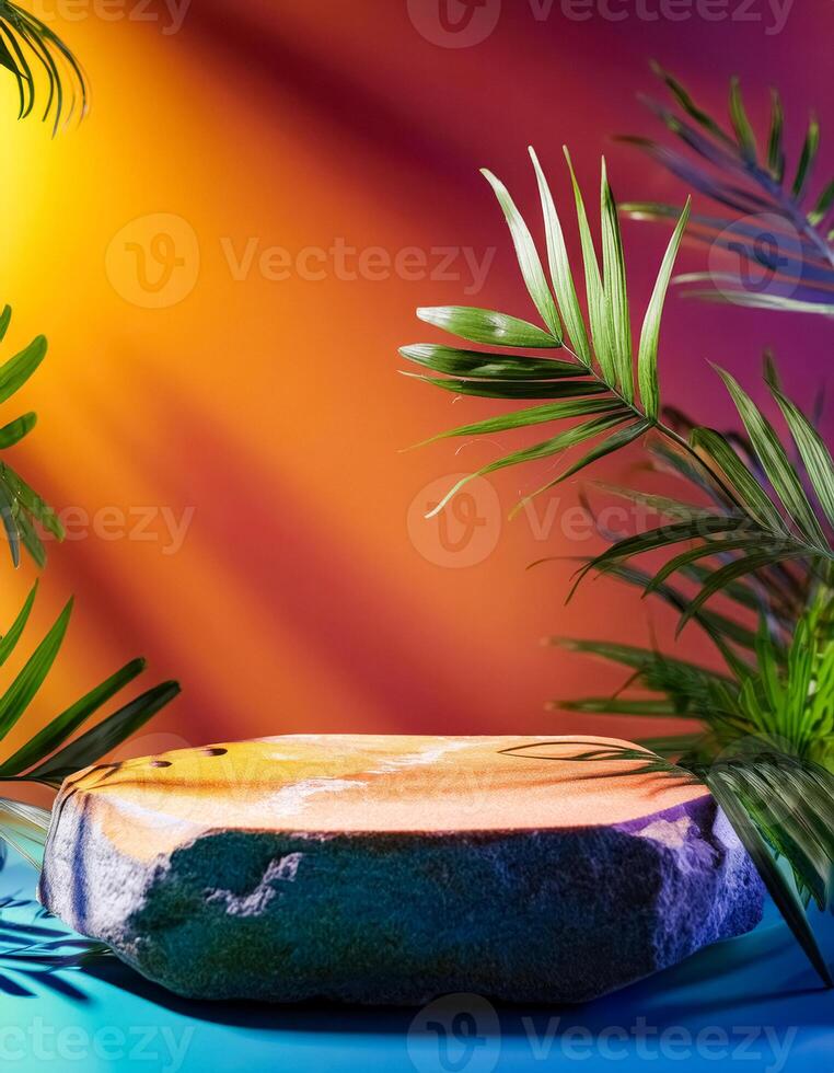 Stone Podium With Tropical Palm Leaves and Colorful Gradient Background photo